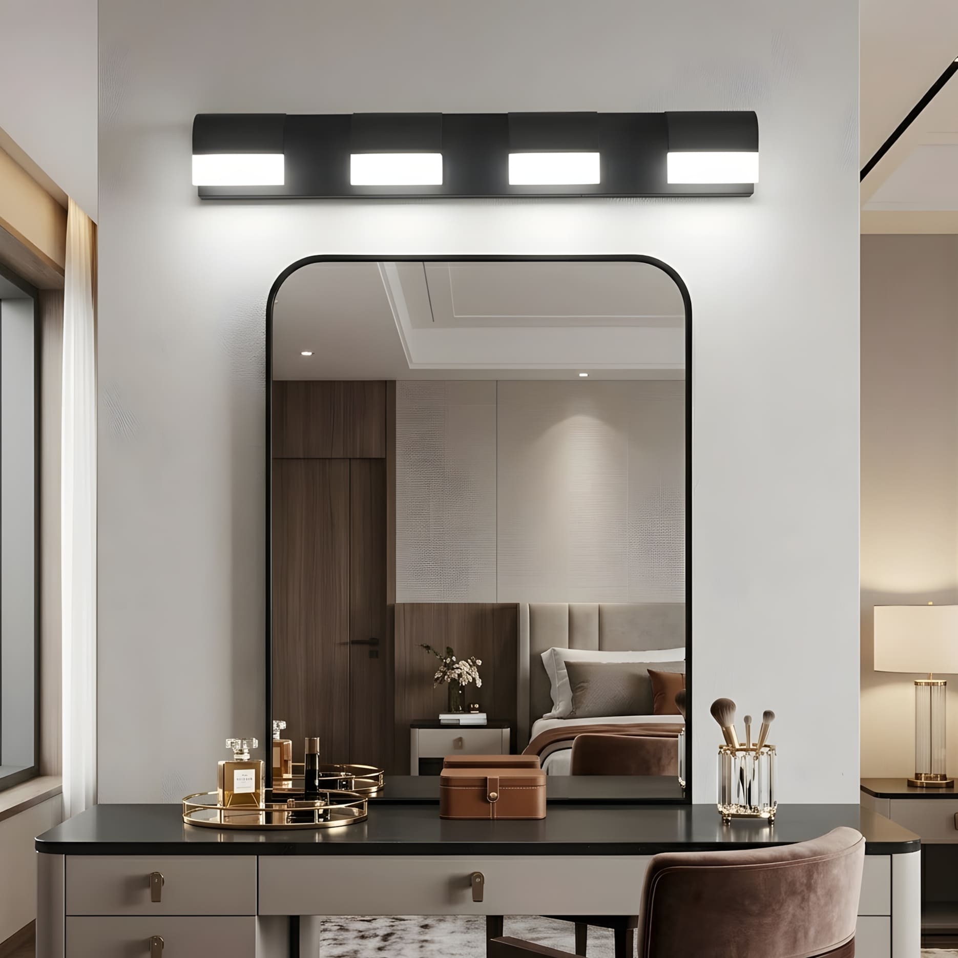 RCCFBHM 30-in 4-Light Matte Black Modern All-in-One LED Bathroom Vanity Light Dimmable Acrylic Vanity Light