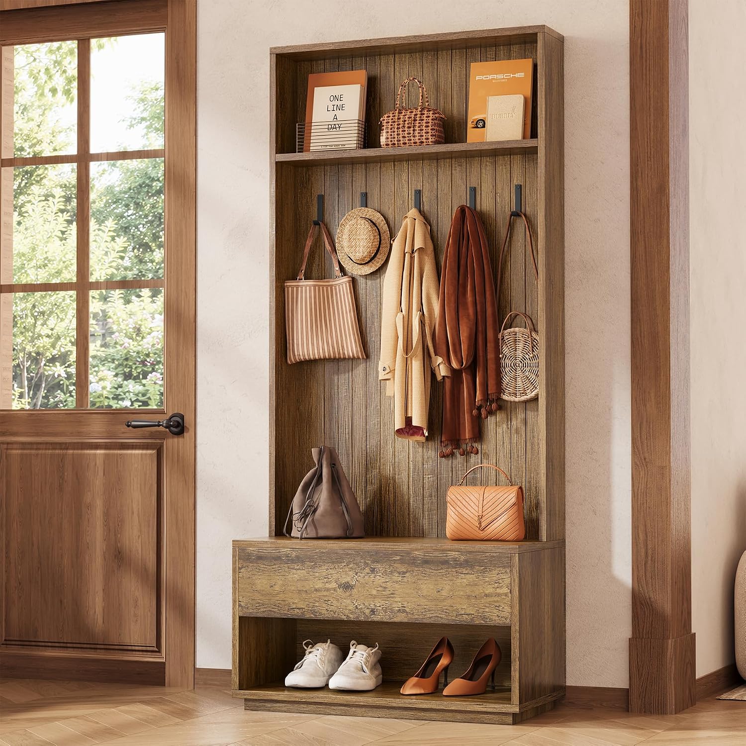 Tribesigns - Hall Tree with Bench and Shoe Storage Entryway Coat Rack with Shoe Bench and Drawer ...