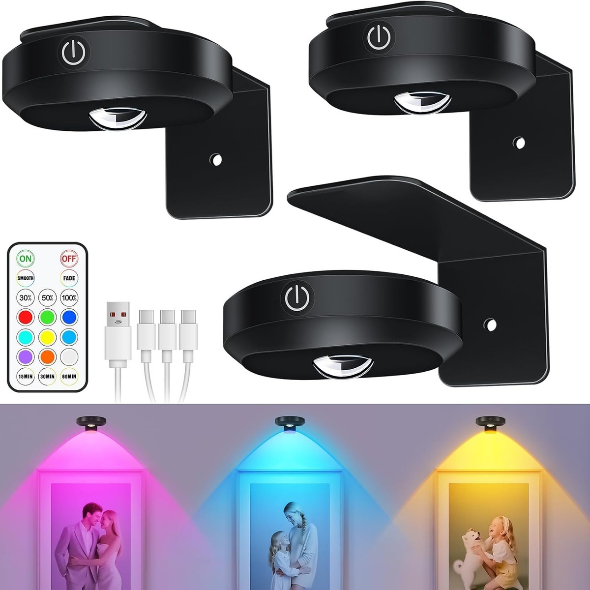 Slagawa  Black Rechargeable Puck Lights for Art Display with Remote Control 9 RGB Colors and Timer 3 Pack