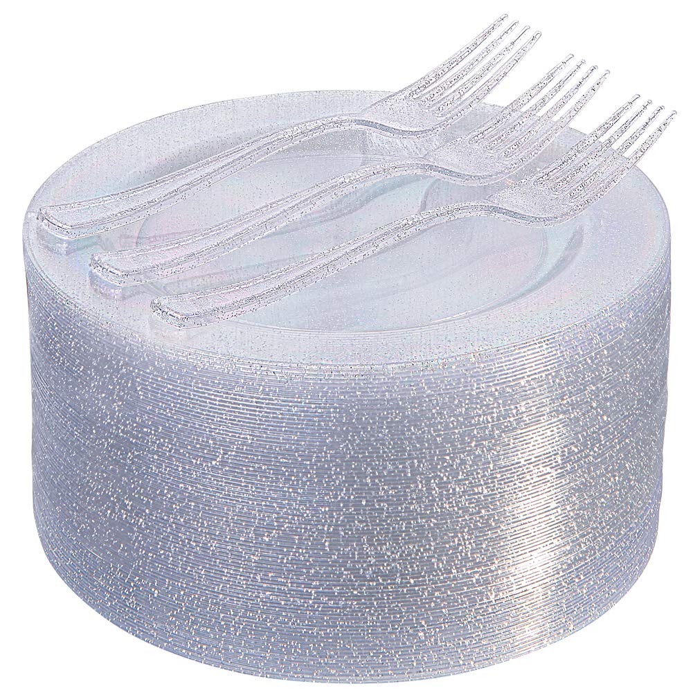 Aoibox  Disposable 144 Piece Glitter Dessert Plates and Forks Set 7 5 in plates and 7 4 in forks Annual Edition