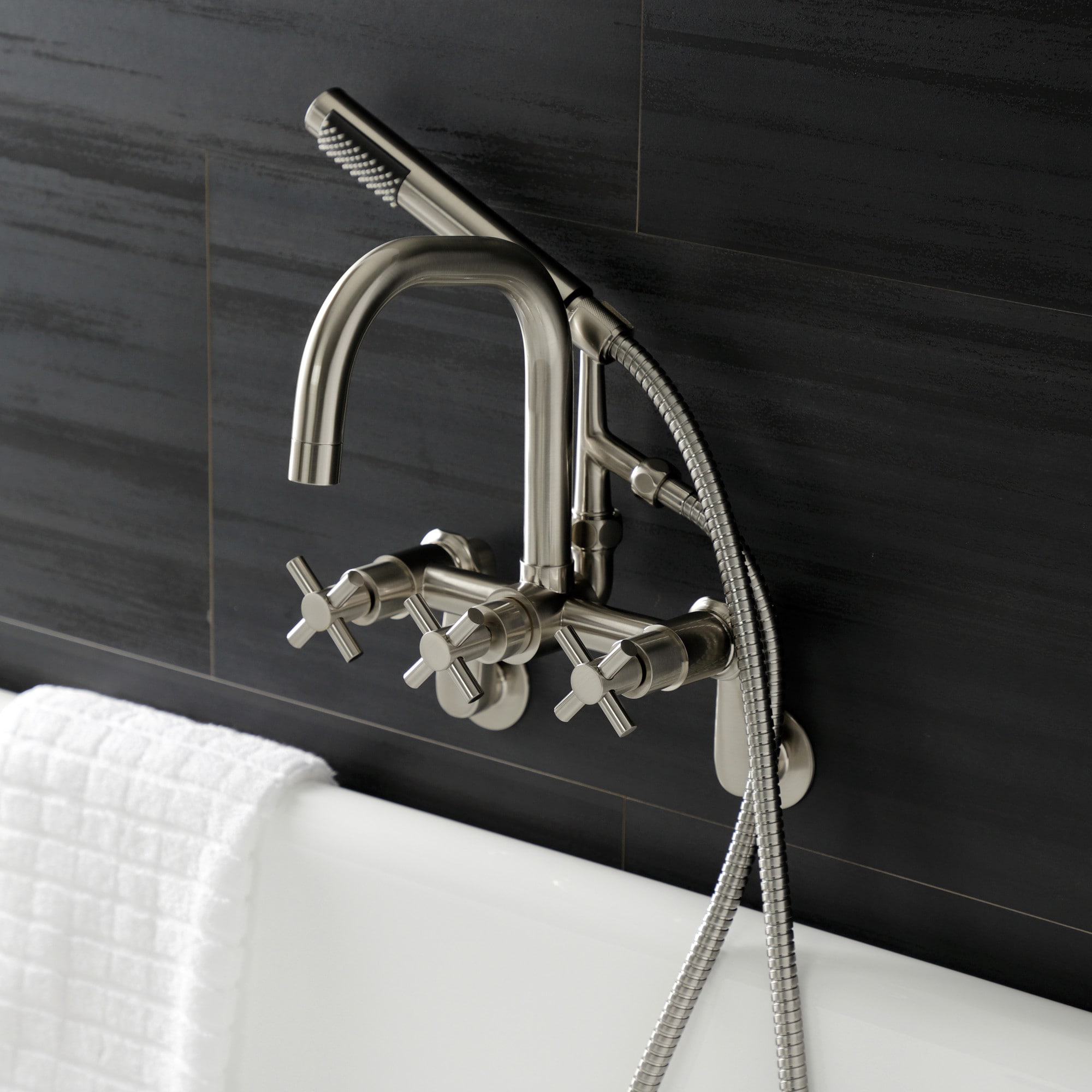 Kingston Brass WLAE8458DX Concord Brushed nickel 3-handle Wall-mount High-arc Bathtub Faucet with Hand Shower ( Valve Included )