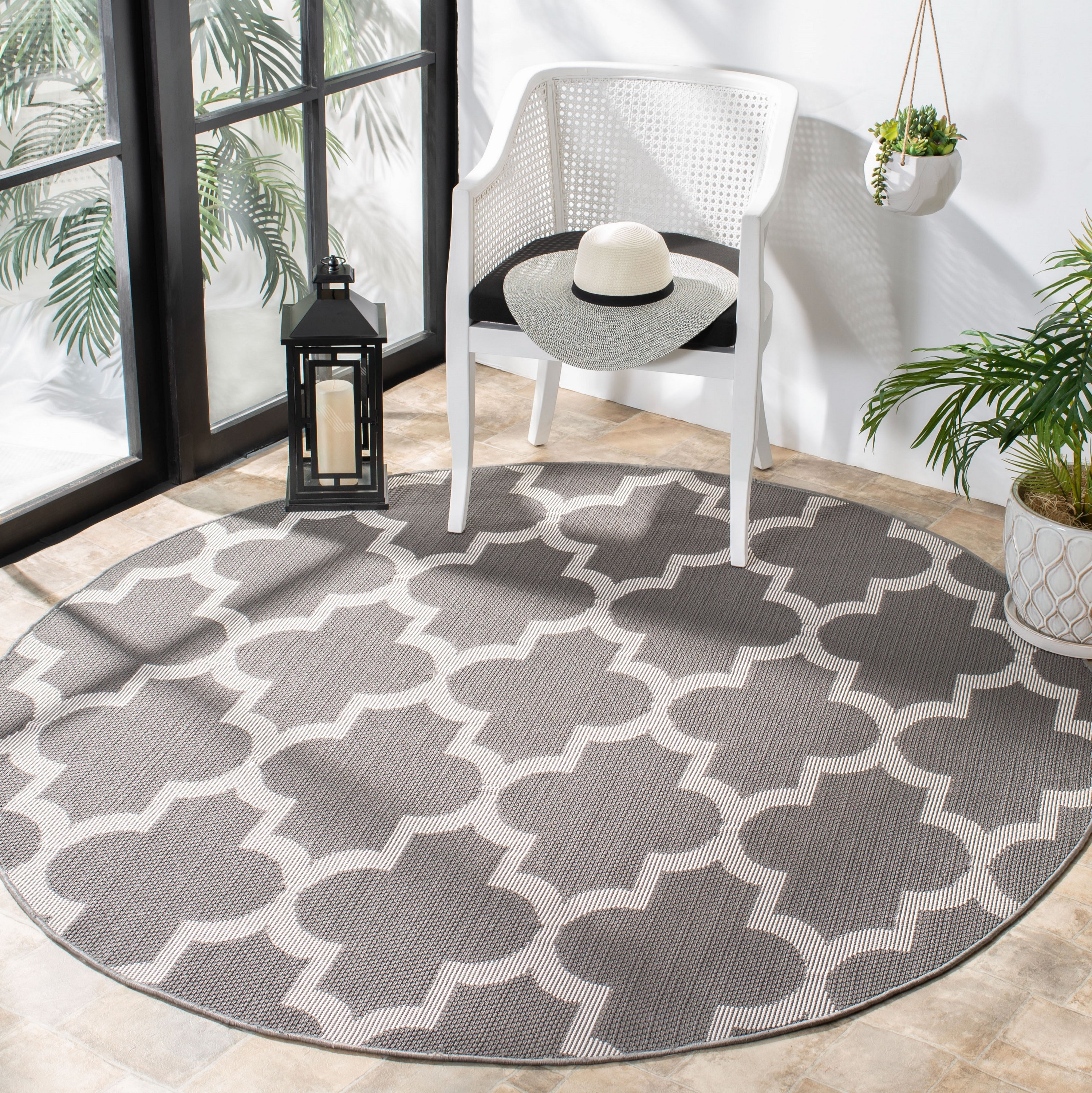 Safavieh BMU804F-7R Bermuda Madeira 7 x 7 (ft) Loomed Polypropylene Gray/Ivory Round Indoor/Outdoor Trellis Coastal Area rug
