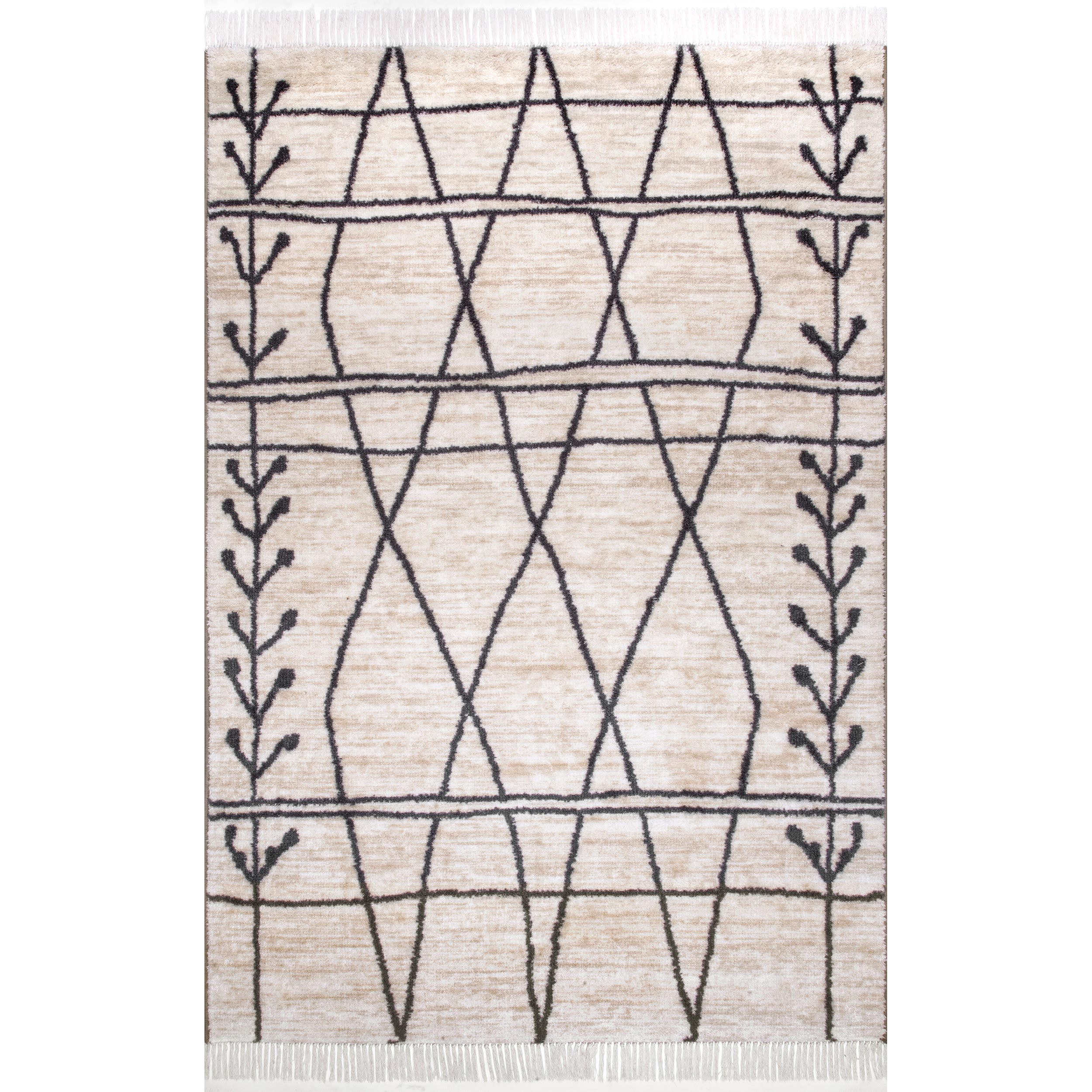 Beige and Black Rectangular Synthetic Area Rug