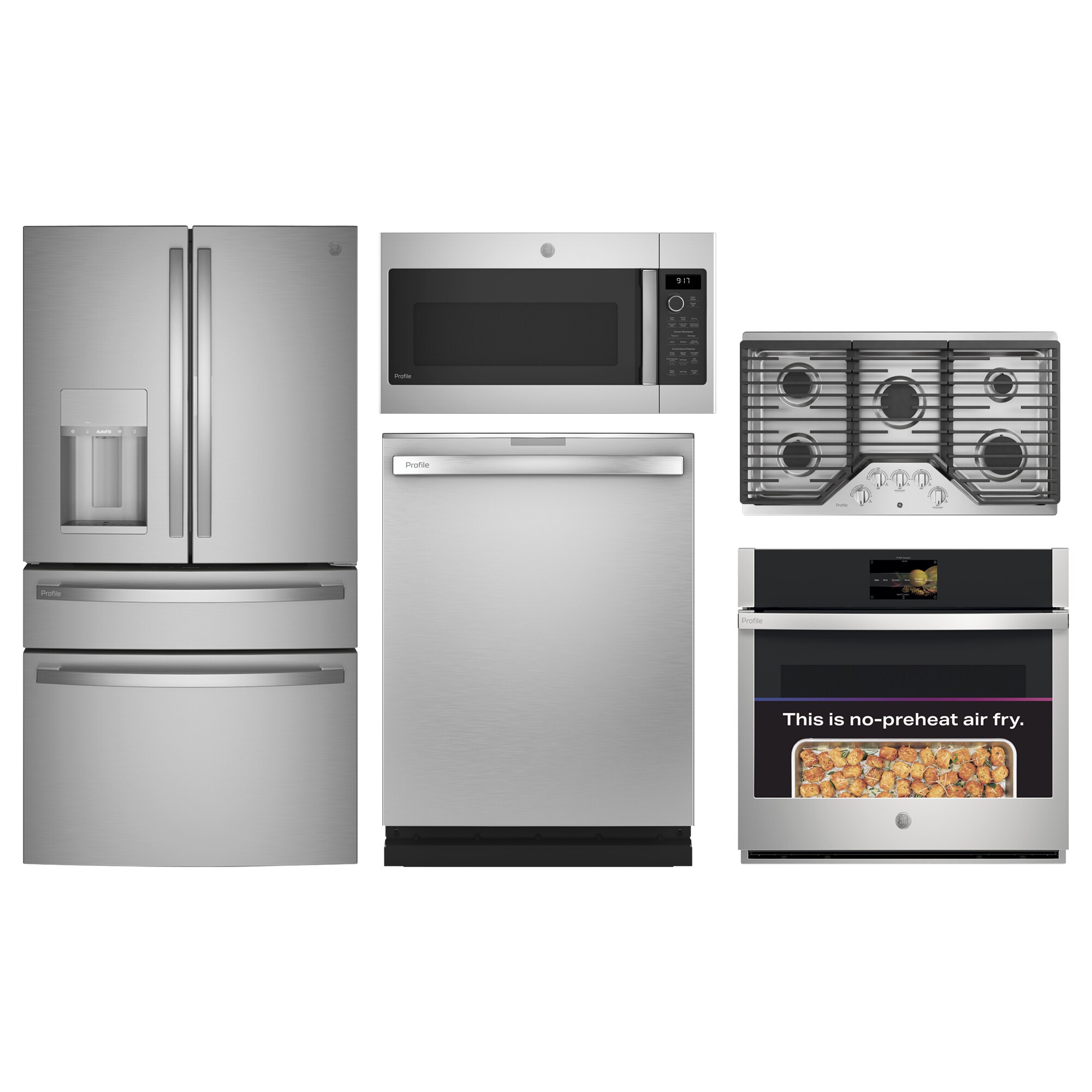 ge profile smart 4-door french door refrigerator & 30-in wall oven paired  with 36-in gas cooktop suite in stainless steel