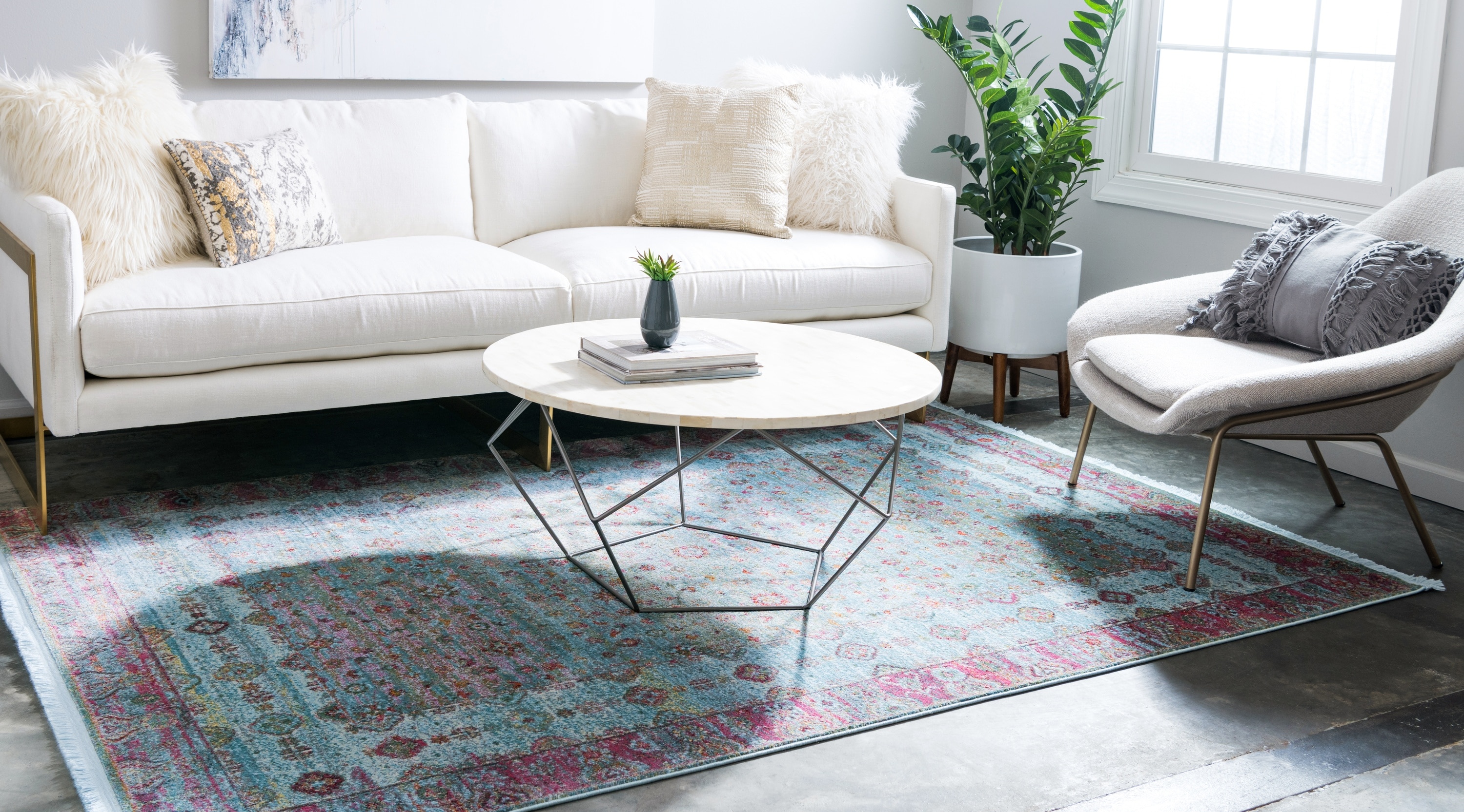 Blue and Pink Rectangular Synthetic Vintage Area Rug