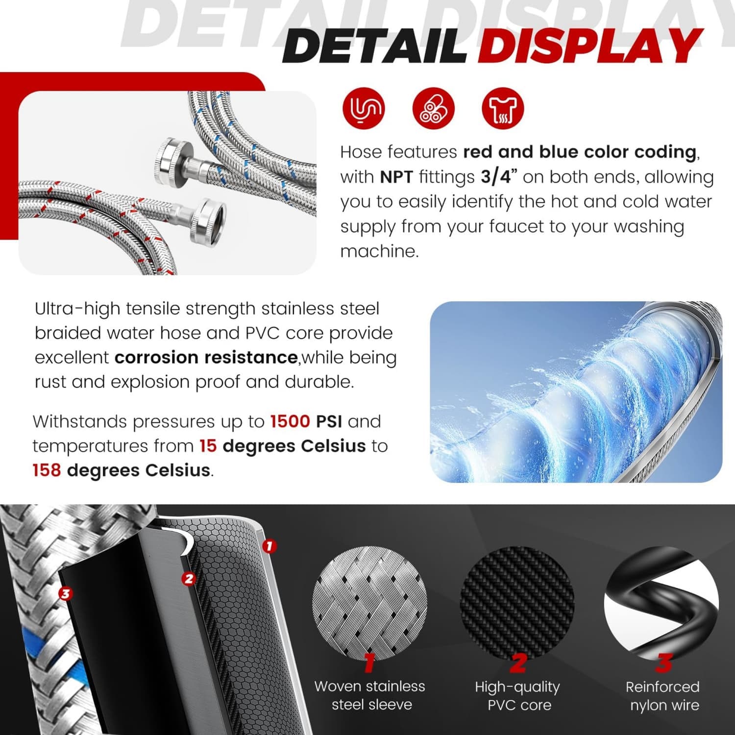 OGETFUUR 2-Pack 6-ft Stainless Steel Washing Machine Connector with ...