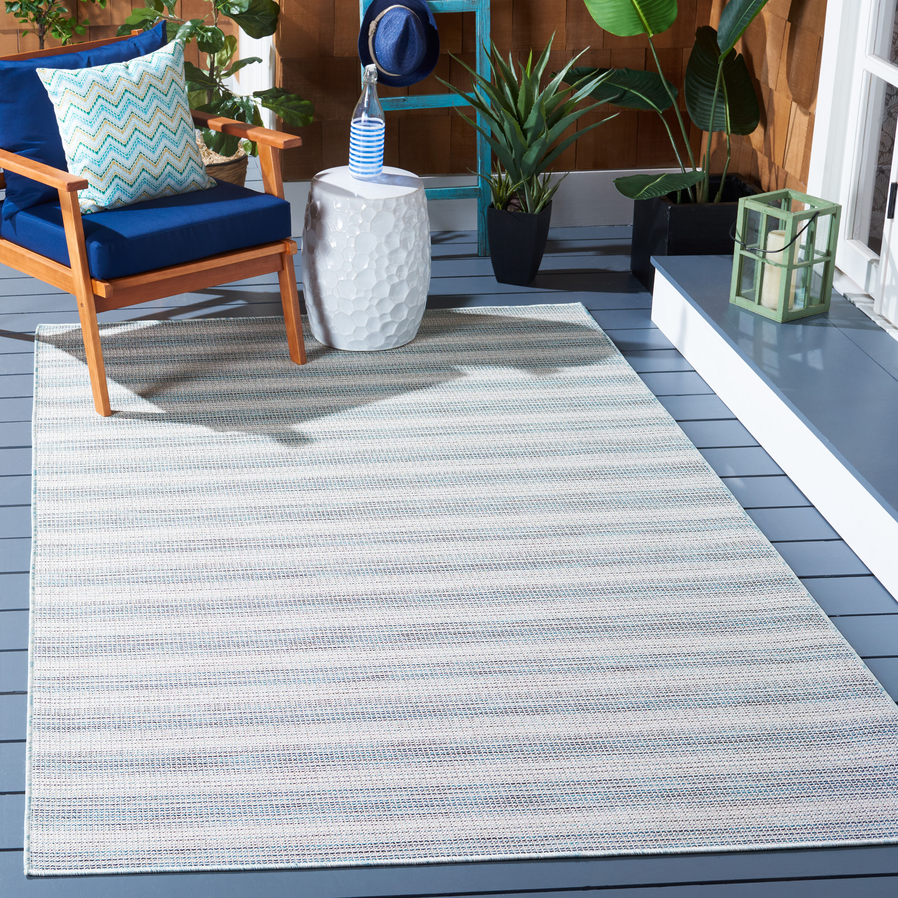 Aqua and Ivory Striped 8' x 10' Indoor/Outdoor Area Rug