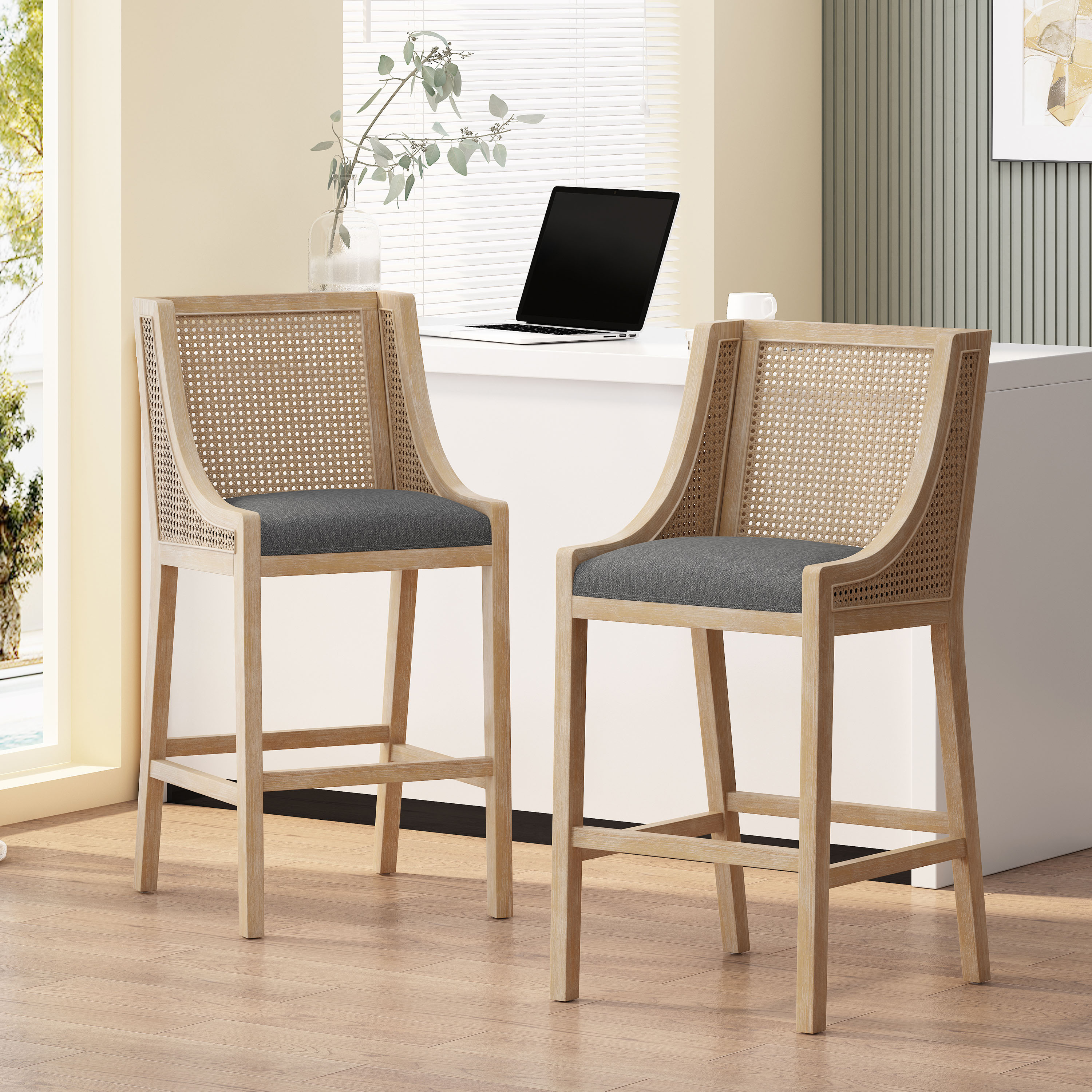 Charcoal and Natural Wood Cane Back 30" Barstools, Set of 2