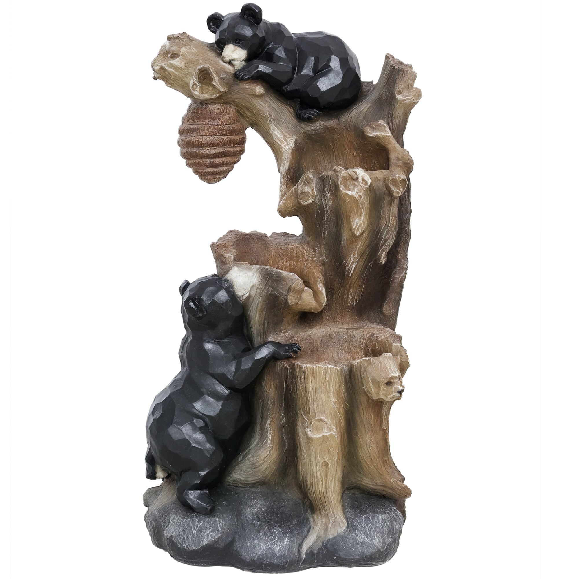 Outsunny 84J-020V80MX 22.4in Outdoor Water Fountain 3-Tier Floor Standing Resin Bears and Honey Beehive Tree Waterfall Fountain with LED Lights Pump