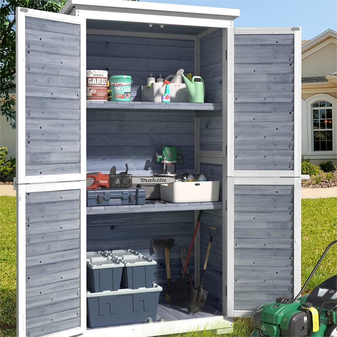 Lofka 63-in Wooden Outdoor Storage Cabinet with Waterproof Roof 2 Adjustable Shelves Double Lockable Doors Gray