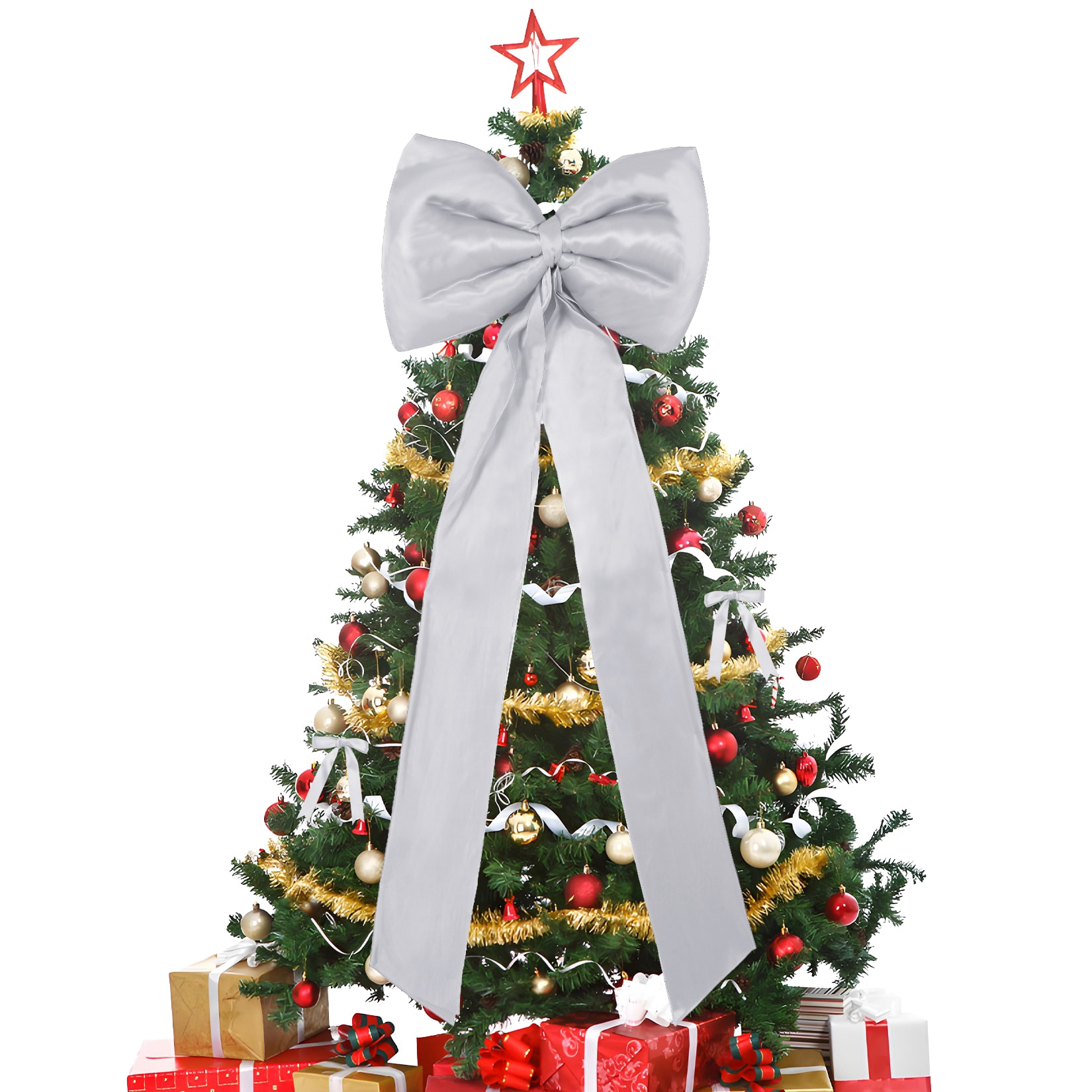 Garvee 25PCS Silver Satin Christmas Bow Set - 1 Large Wired Edge Tree Liner Bow and 24 Mini Ribbon Bows for Xmas Tree Wreath Garland - Indoor Outdoor Holiday Decor