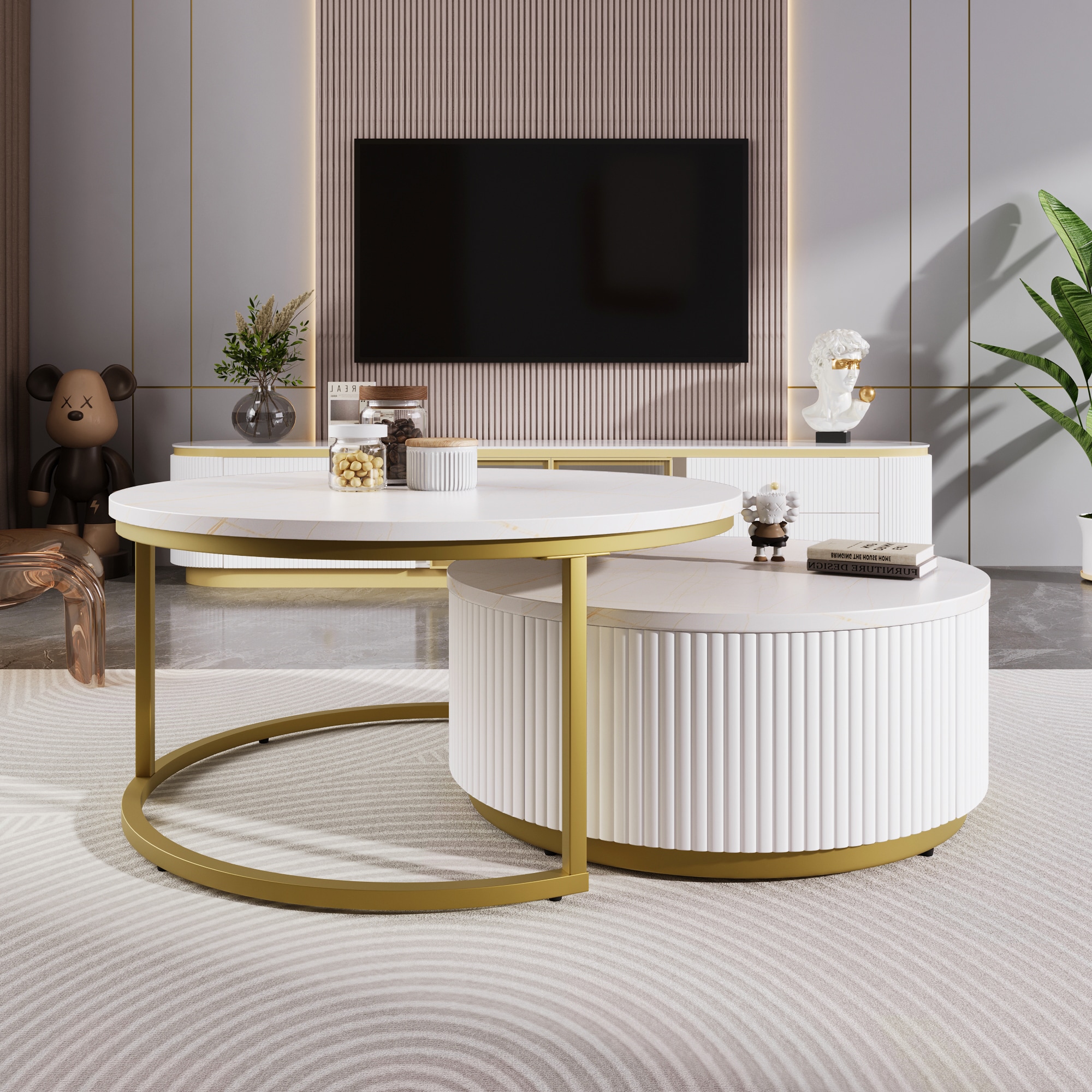 ModernLuxe L3P-N735P254992K Modern Round Nesting Coffee Table Fluted with Drawer in White  Gold in 27.6inch
