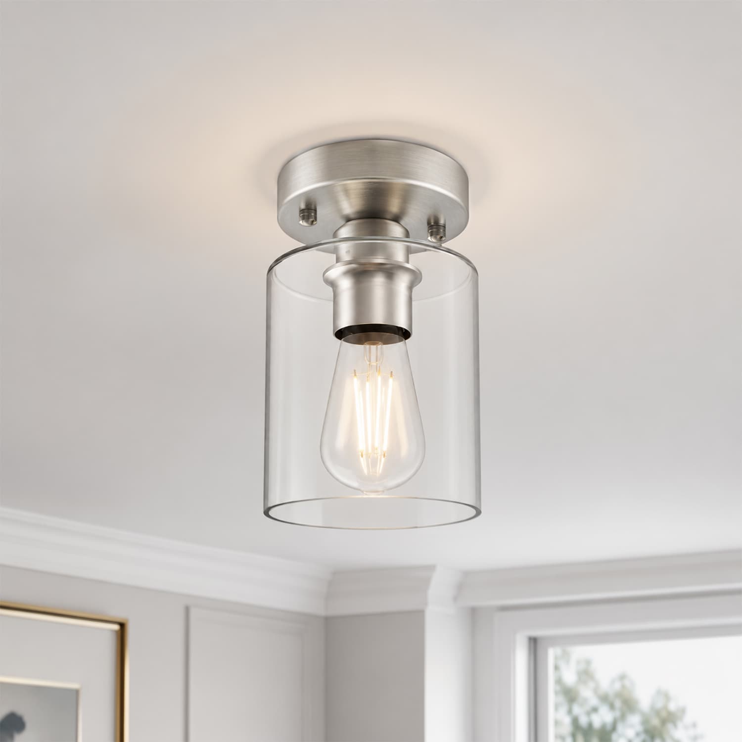 DORESshop Single Light Brushed Nickel Semi Flush Mount Ceiling Light with Clear Glass