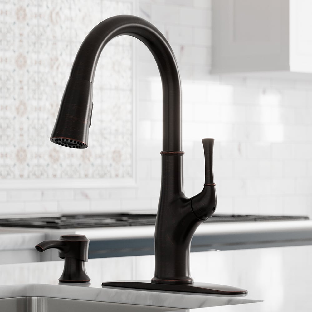 Pfister F-529-7AWY Alderwood Tuscan Bronze Single Handle Deck-mount Kitchen Faucet with Sprayer ( Deck Plate Included ) (Soap Dispenser Included)
