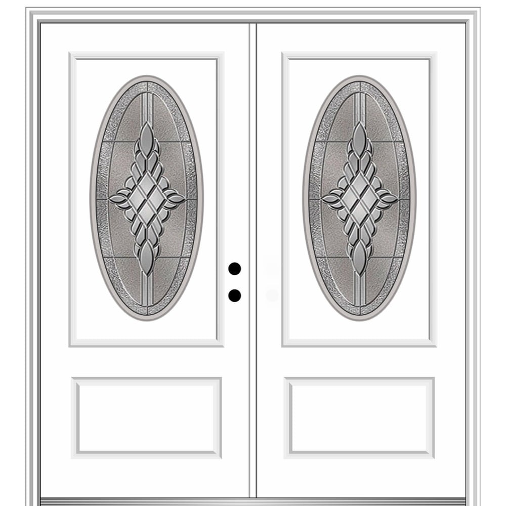 MMI DOOR ZZ3656861L 72-in x 80-in x 6-9/16-in Fiberglass Oval lite Left-hand inswing Primed Prehung Double Front Door with Brickmould Insulating core