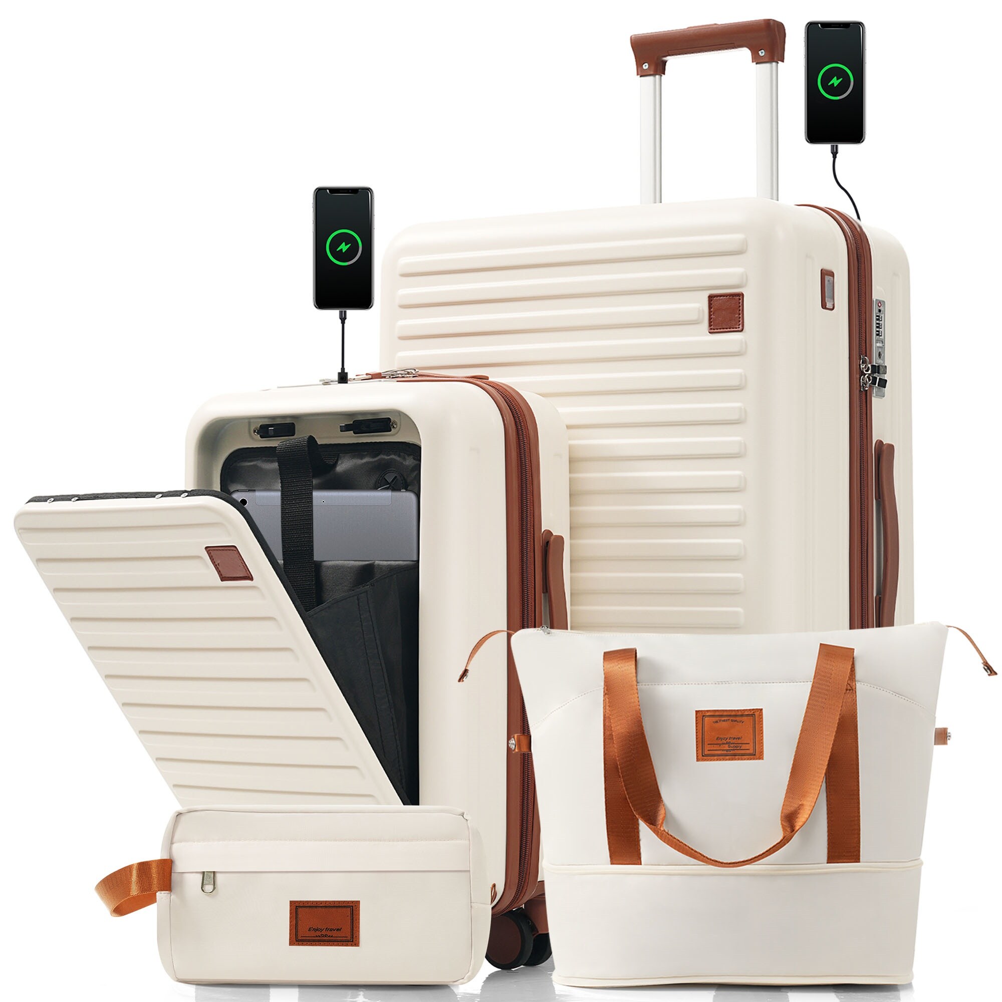 ModernLuxe L3P-N726P268997O 4Piece Luggage Set with USB Charging Ports  20in CarryOn FrontOpening for Laptop 28in Checked Suitcase with TSA Lock Travel Duffel Bag WetDry Toiletry Bag ivory and brown