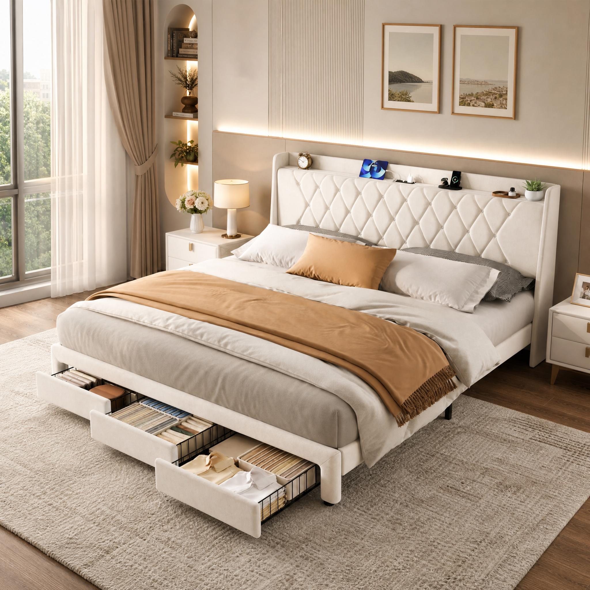 GarveeLife - King Size Beige Velvet Upholstered Platform Bed Frame with Charging Station and 3 St...