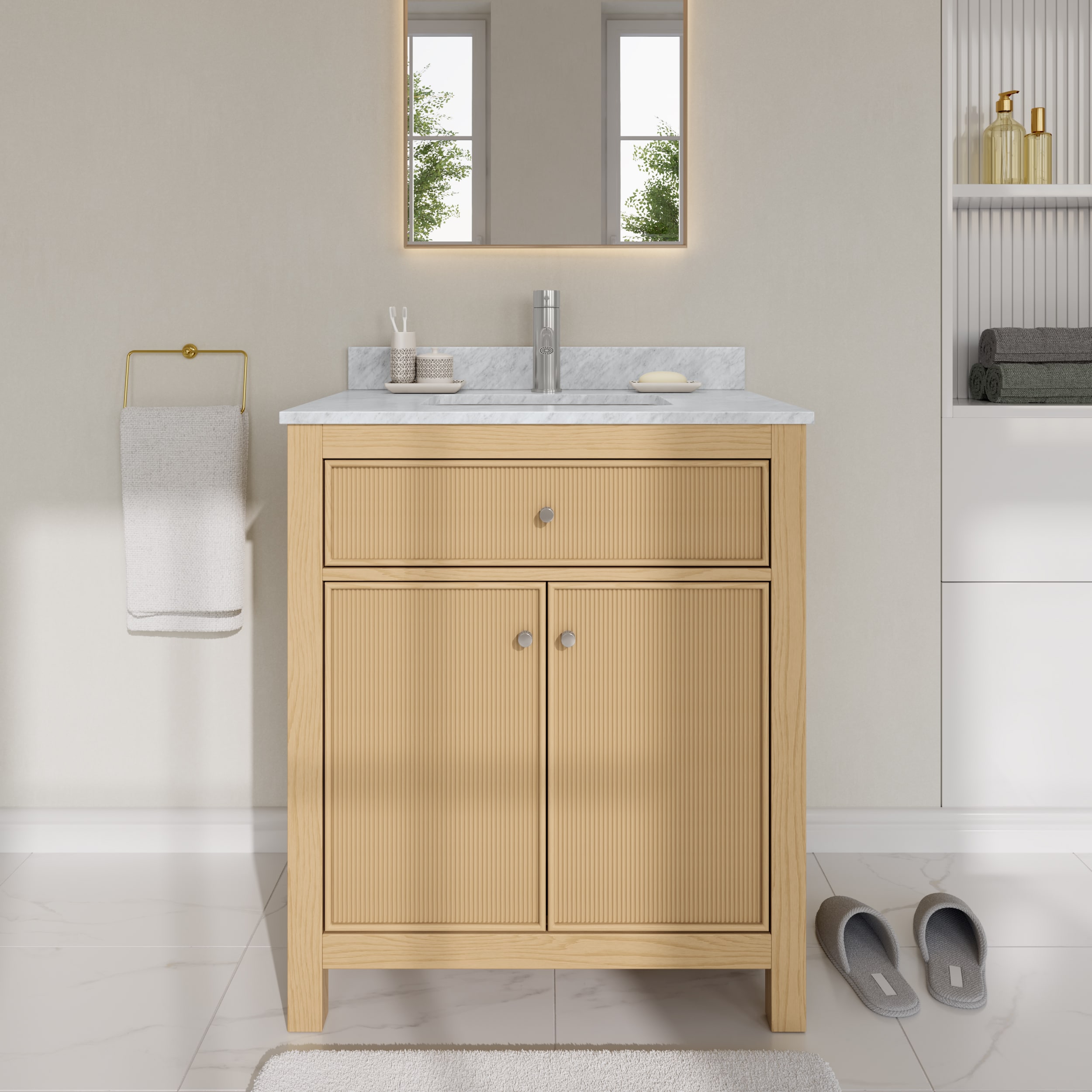 Wyndham Collection WCF929230STOCMUNSMXX Pendry 30-in Tanned Oak with Brushed Nickel Trim Undermount Single Sink Bathroom Vanity with White Carrara Marble Natural Marble Top