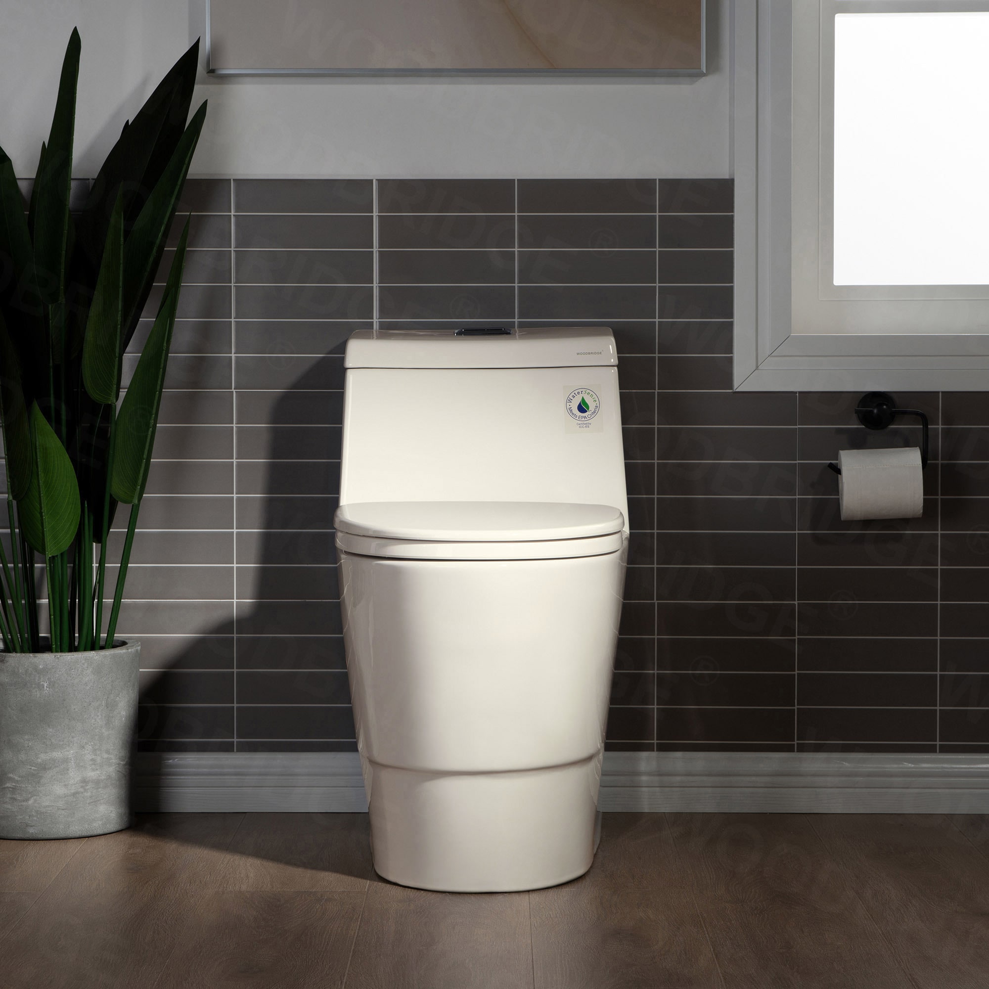 Flora 1-Piece 1.1/1.6 GPF Dual Flush Elongated Comfort Height Toilet in Biscuit with Soft Closed, Seat Included