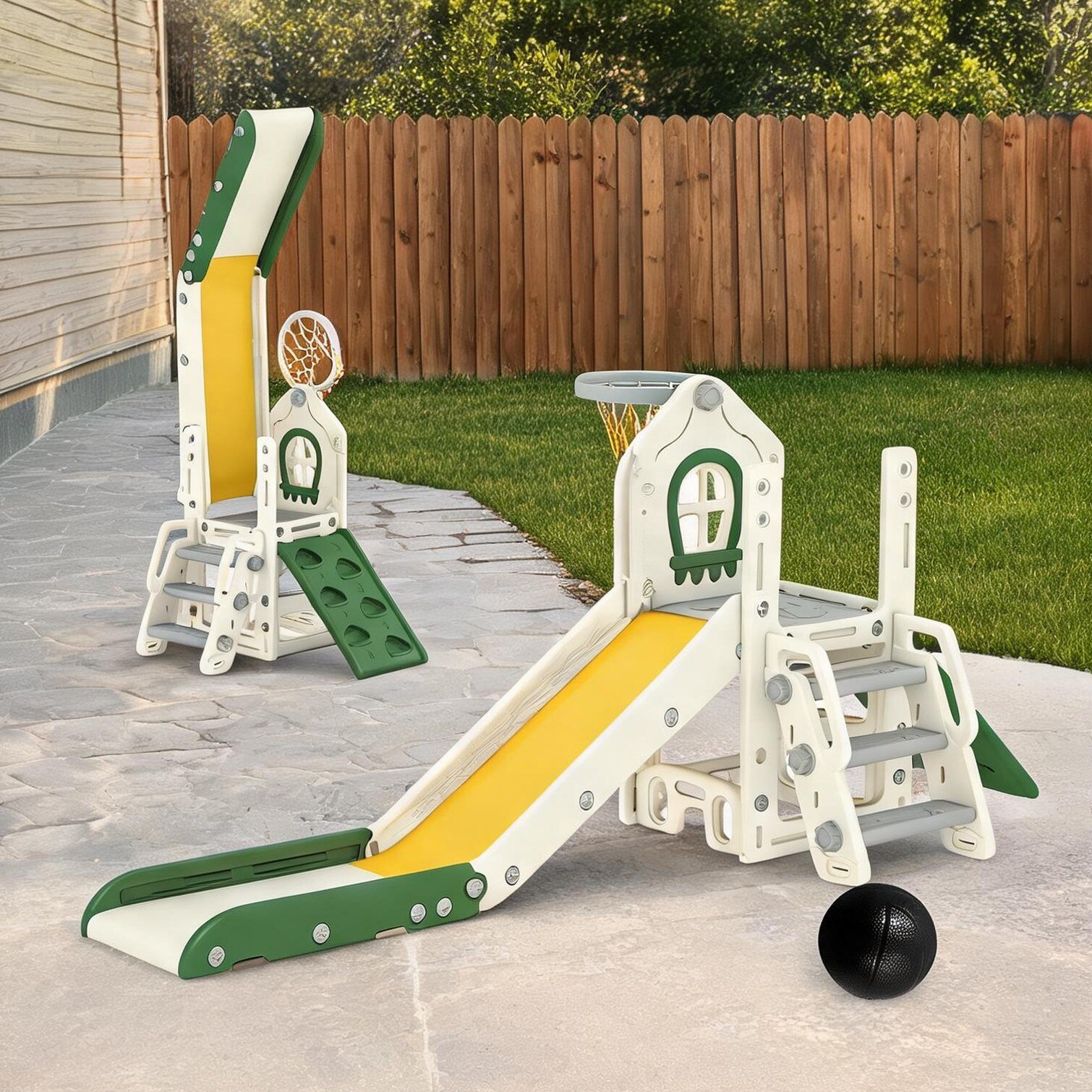 Naturefalls Indoor Foldable Toddler Climb Slide Activity Center White-Toned HDPE 4-in-1 with Basketball Hoop Storage