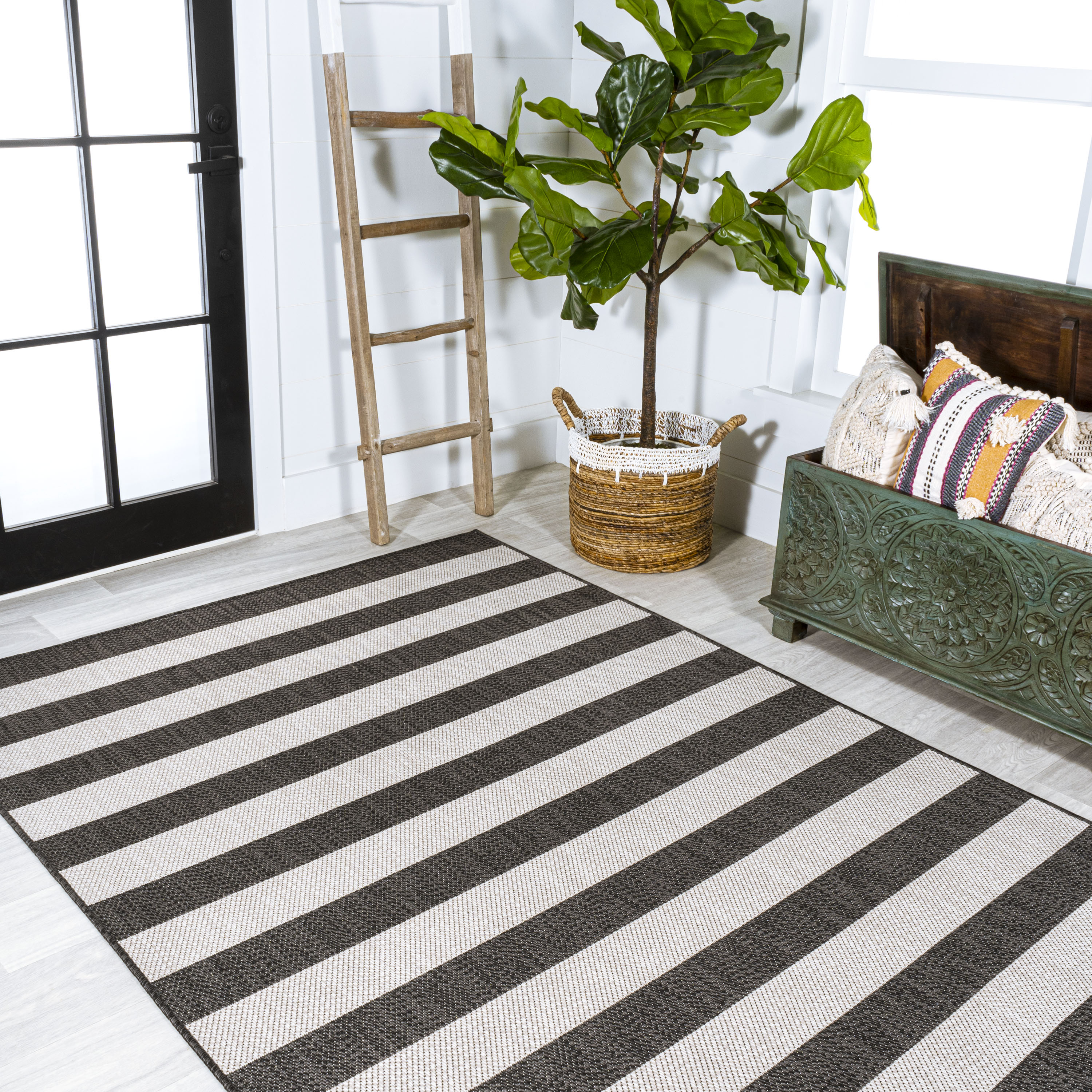 Black and Cream Striped Synthetic Indoor/Outdoor Area Rug