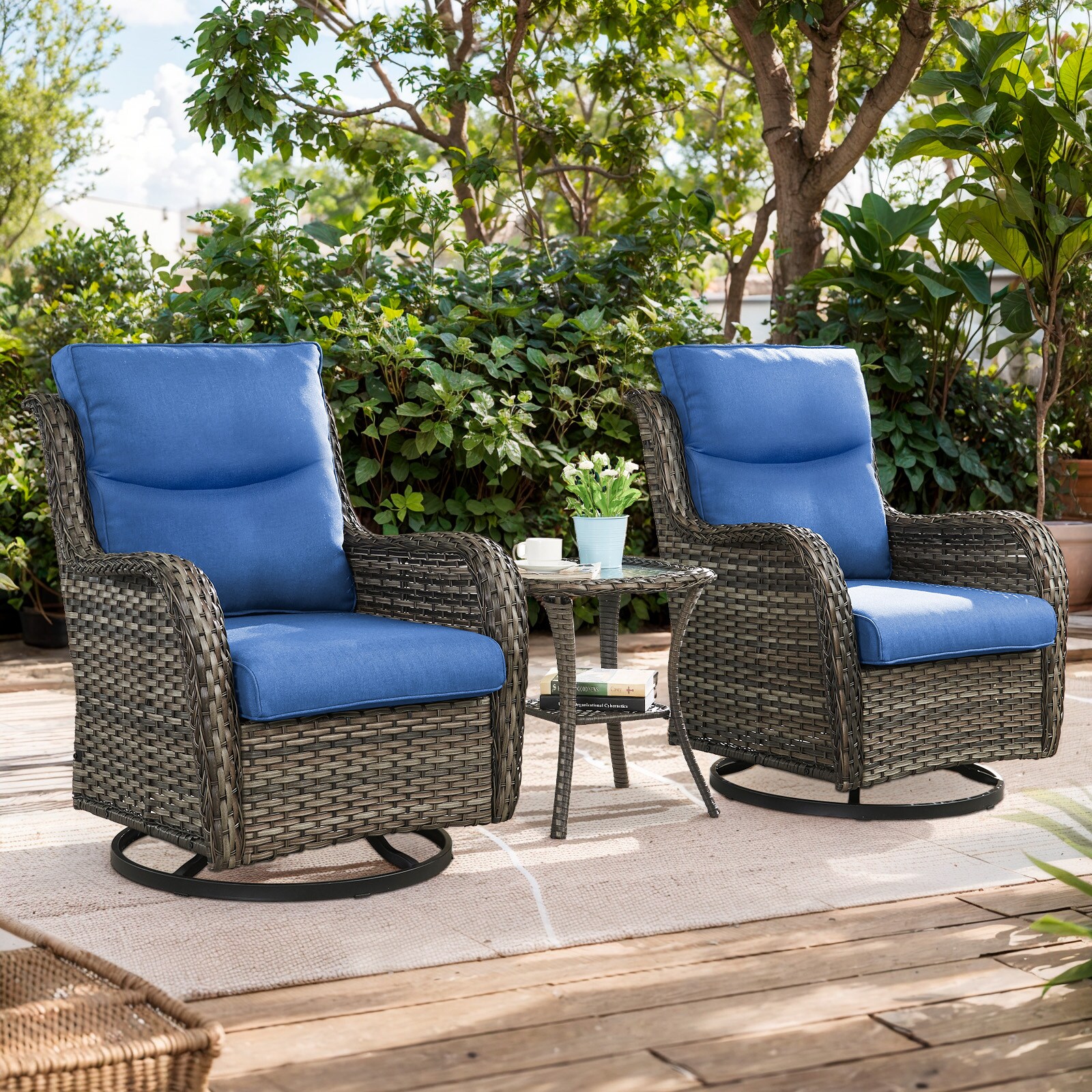  PA036-1XL PAnorama Series 3 -Piece Wicker Patio Conversation Set with Navy Cushions