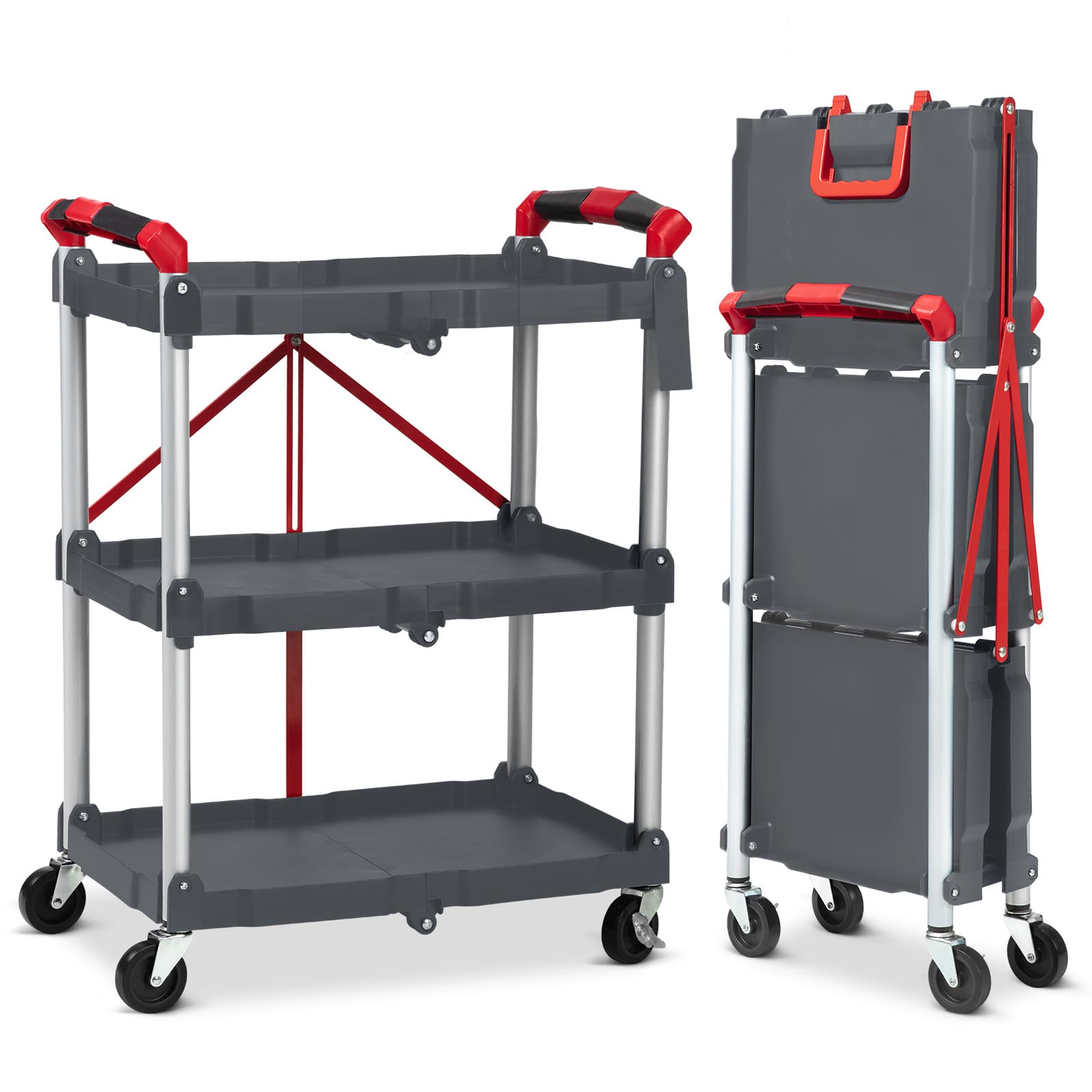 Qeetex CJ-PIS-00UY6OEJ Collapsible Service Cart 3-Tier Portable Cart-Detailing Cart-Utility Carts with 2 Lockable Wheels Use for Home-Commercial-Office-Warehouse Black 56 Lb Load Capacity Per Shelf