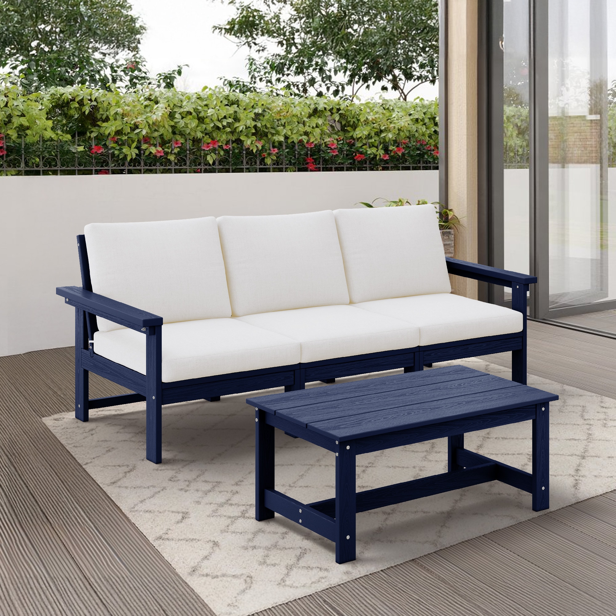 JEAREY PEZHSF04-NK Outdoor 3-Seater Sofa with Coffee Table 2 -Piece Patio Sofa Conversation Set with Beige Cushions