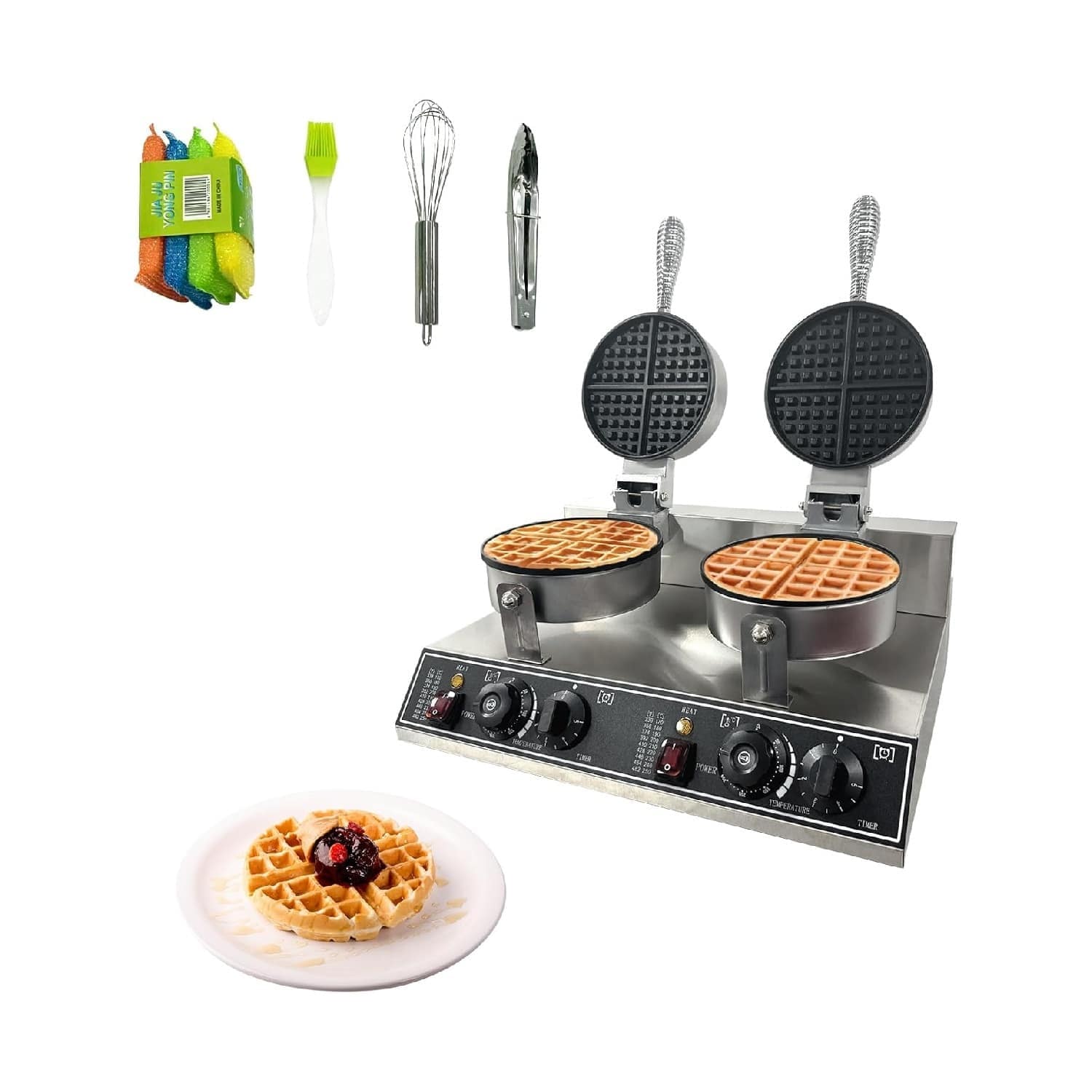 Qeetex GGL-PHO-15AKUTQ3 Double Head Commercial Waffle Maker  2400W Stainless Steel Nonstick Waffle Iron Temp Range and Time Control  Perfect for Home Cafe Restaurant Snack Bar Bakeries