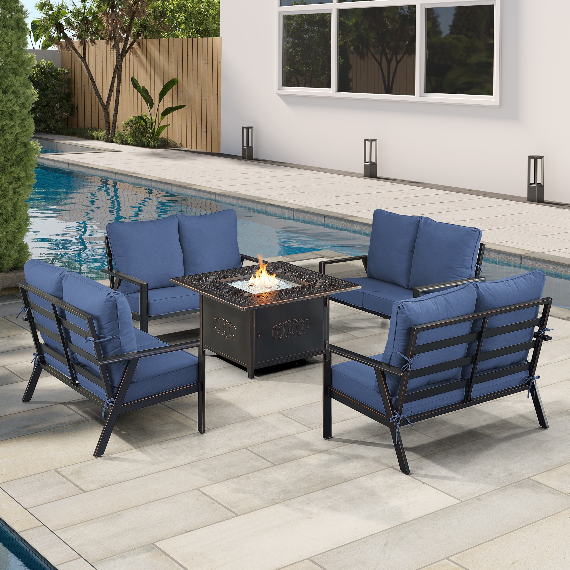 Oakland Living LUX4LSRONINBLCUA Fire Pit Table Set, Four Loveseats and Wind Guard 22-Piece Patio Conversation Set with Blue Cushions