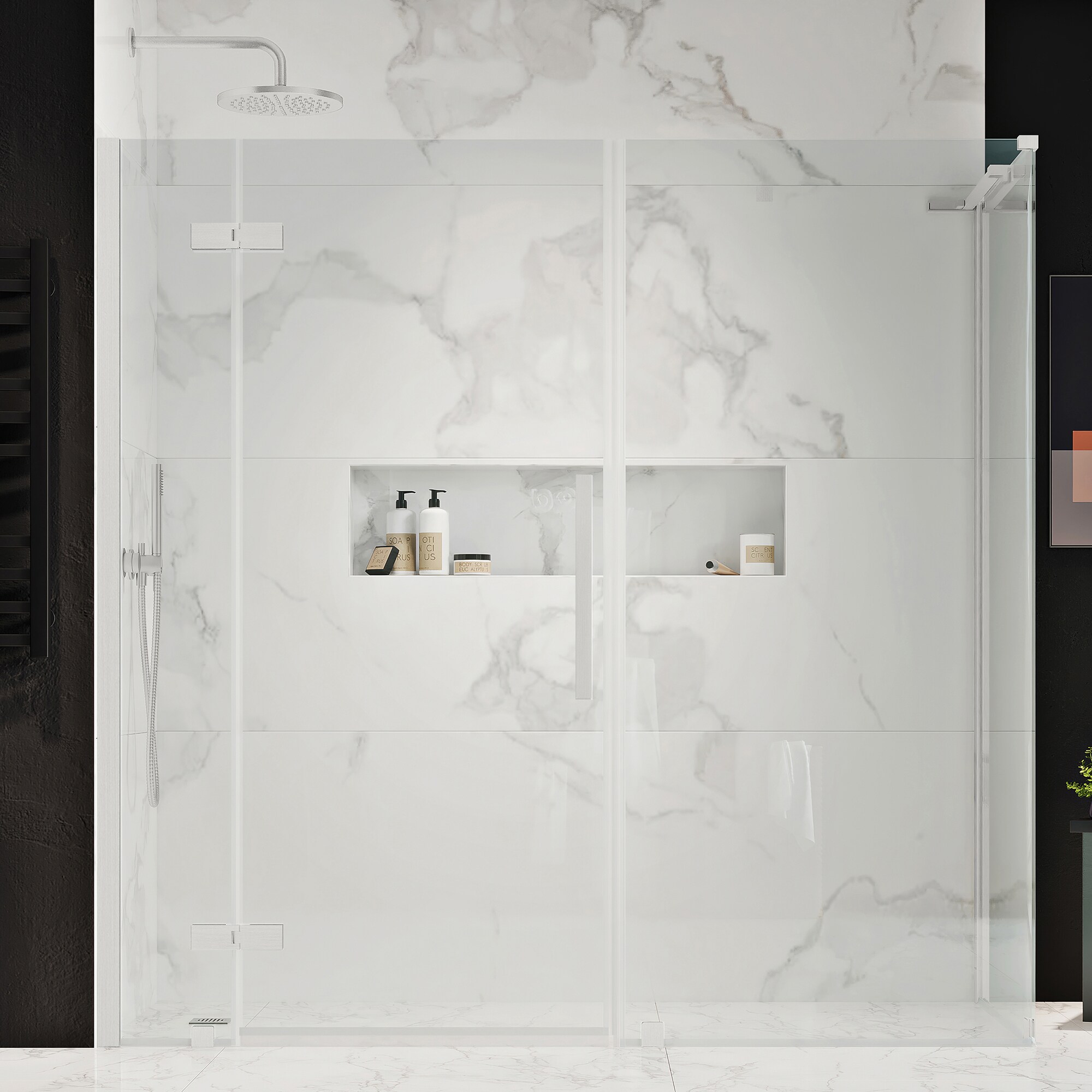 OVE Decors 828796080101 Tampa Satin nickel 70-15/16-in to 72-1/16-in W x 72-Inches H Frameless Pivot Shower door 5/16-in Thick Clear Glass