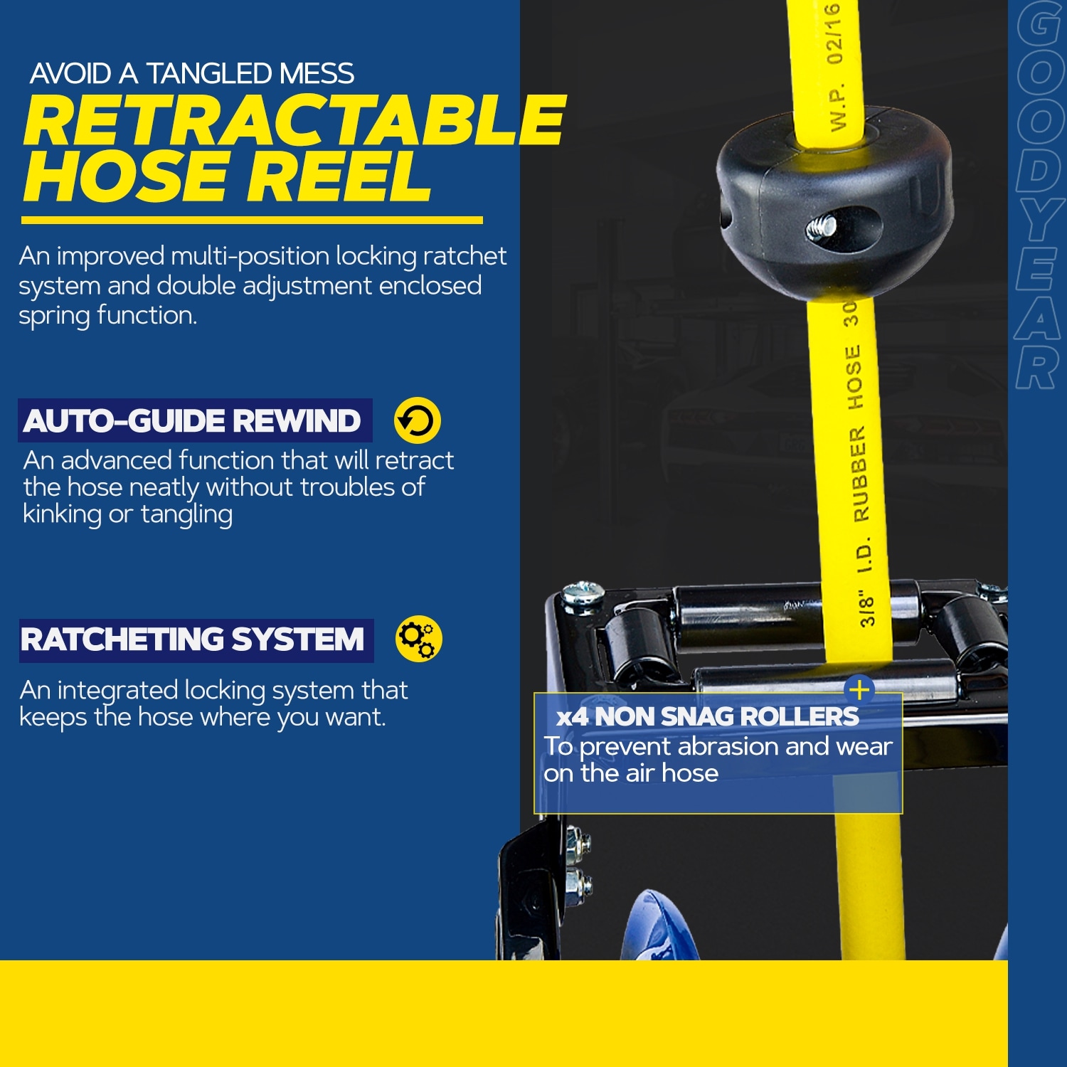 Goodyear Air Hose Reel Retractable 3/8 inch x 50 Foot SBR Rubber Hose
