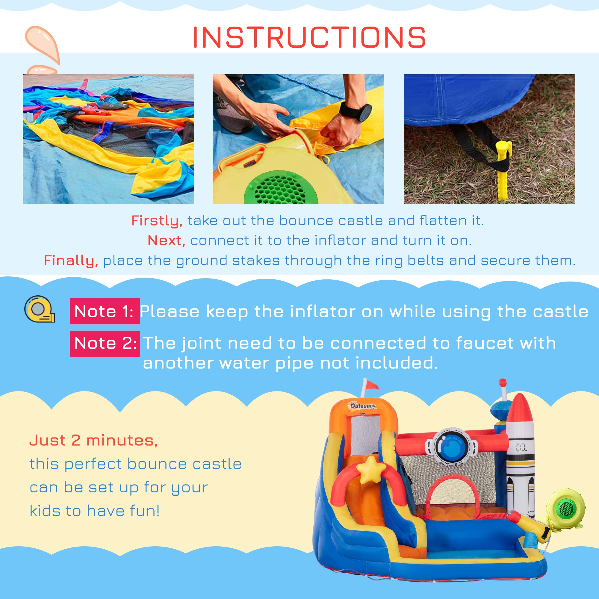 Outsunny Space Theme Inflatable Water Slide Bounce House with Pool and Cannon