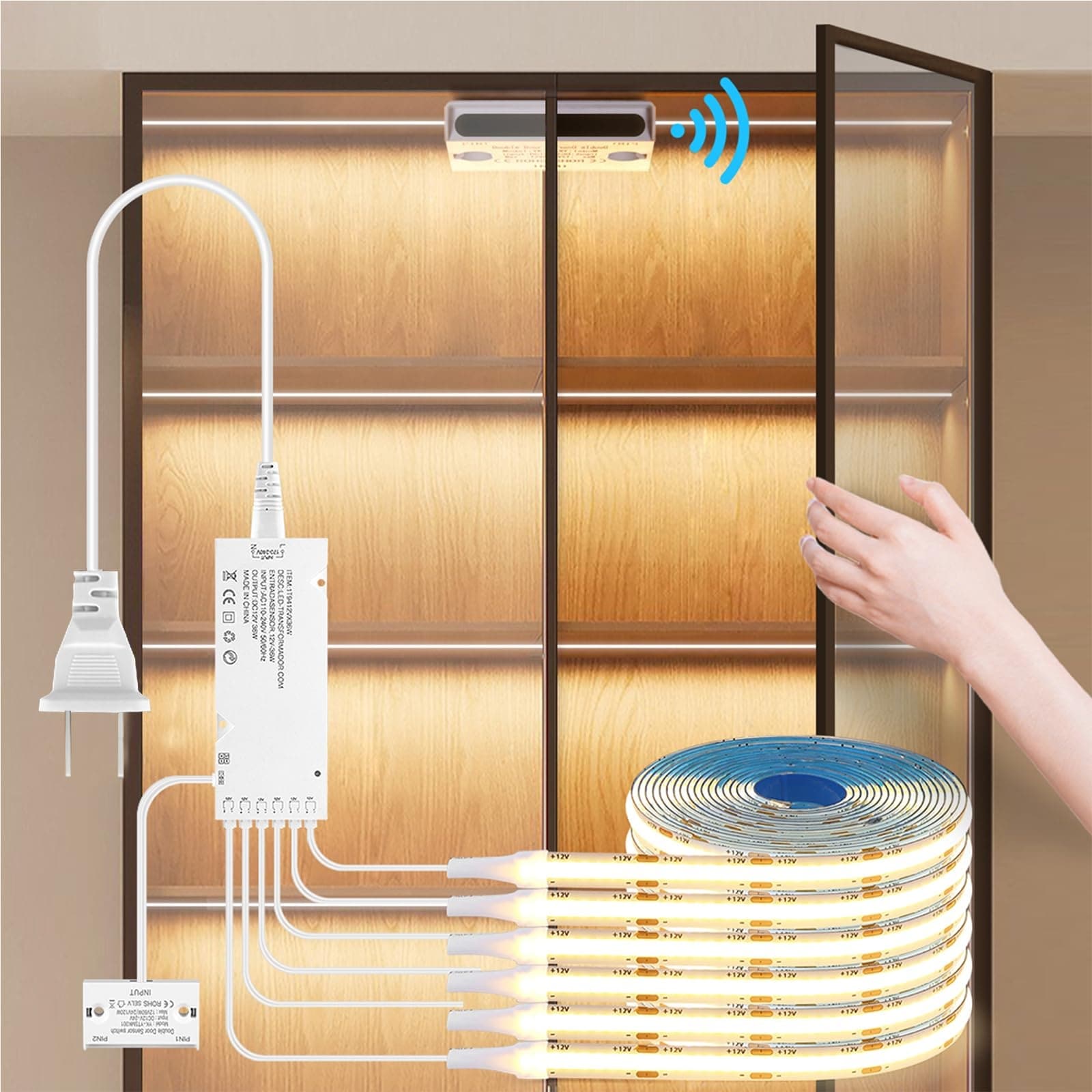 AOIZGMY 6 Piece 6.56 Ft 12V COB LED Strip Light Kit Door Sensor Control Under Cabinet Flexible Tape for Wardrobe Shoe Rack Kitchen Cabinet