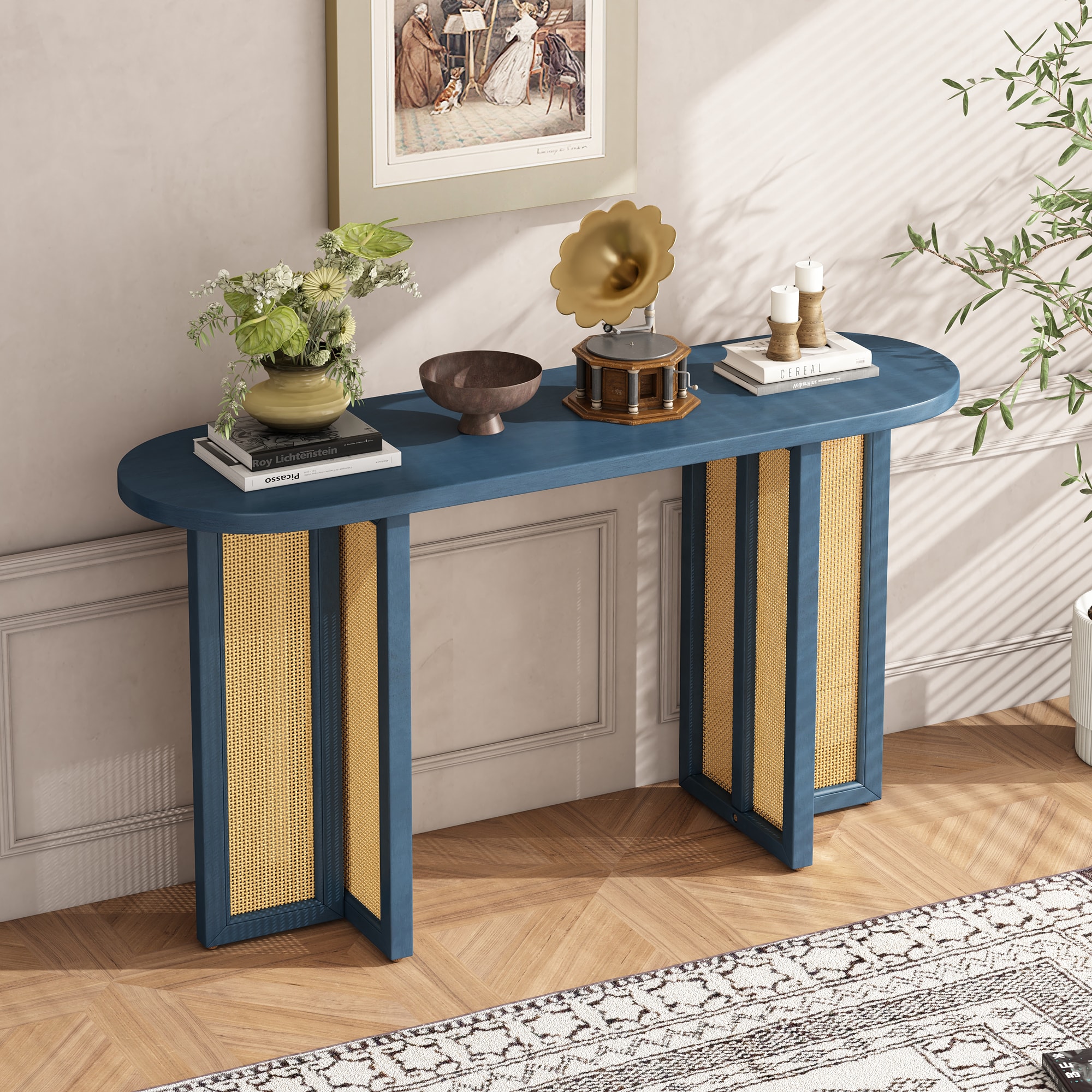 Farmhouse Rattan Console Table Entryway Table  Narrow Console Table with Storage  Hallway Table for Living Room  Entrance (Navy)