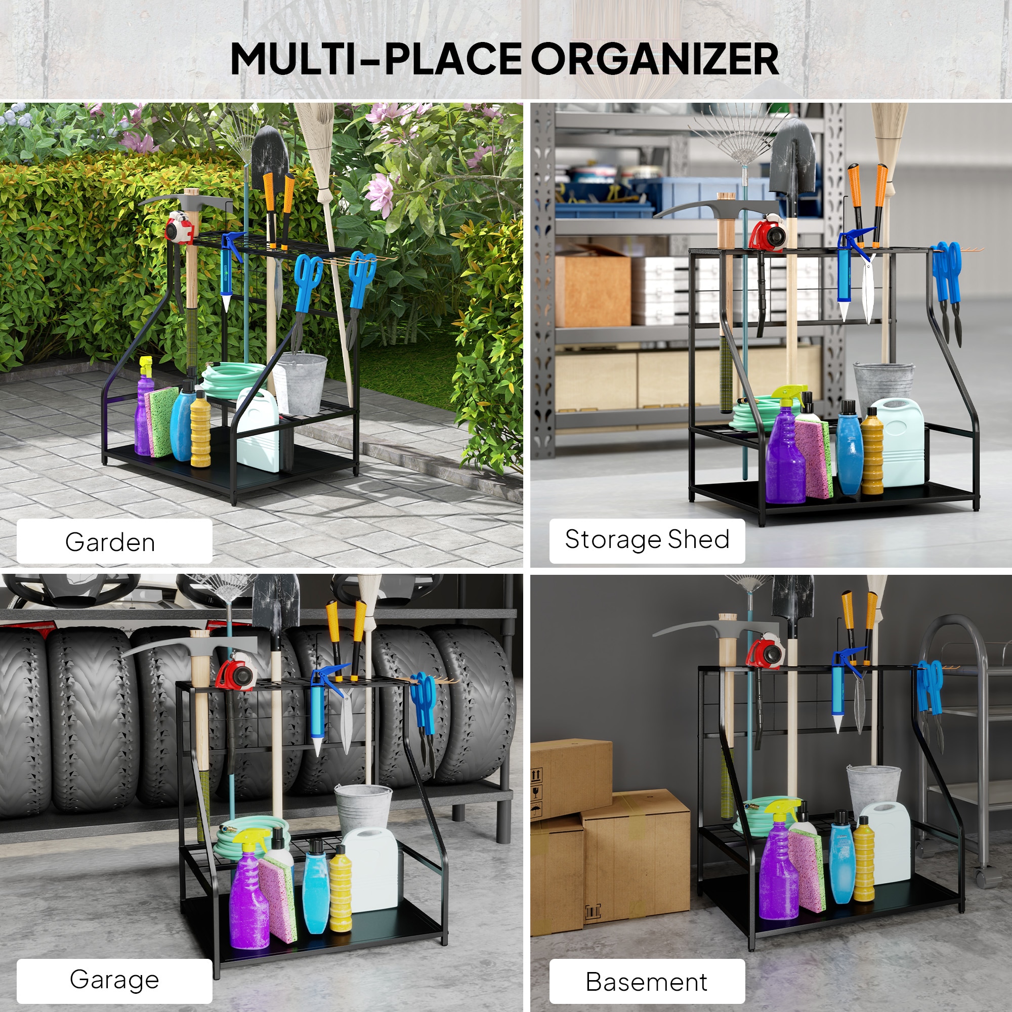 Ailadl Garage Tool Organizer Wall Mount Garden Tool Organizer 11pcs Adjustable Garage Organizers With 8 Heavy Duty Hooks, Max Load 500lbs Garage Storage For Yard Garden Tools, Shovels, Trimmers, Hoses