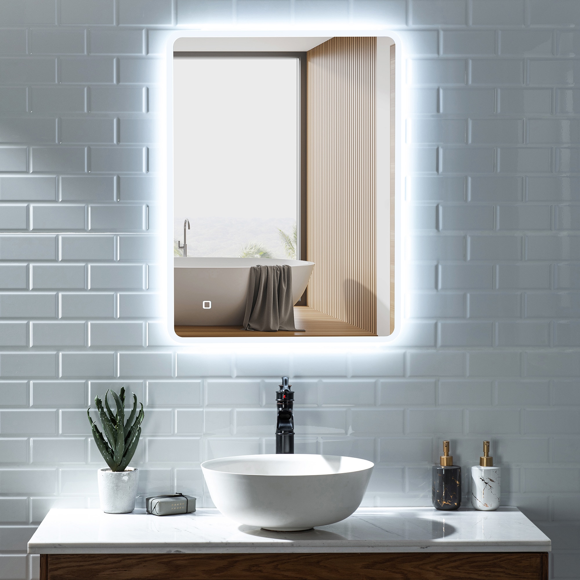 KINWELL Bathroom Mirror 31.5-in W x 23.6-in H LED Lighted White Rectangular Fog Free Frameless Bluetooth Bathroom Vanity Mirror