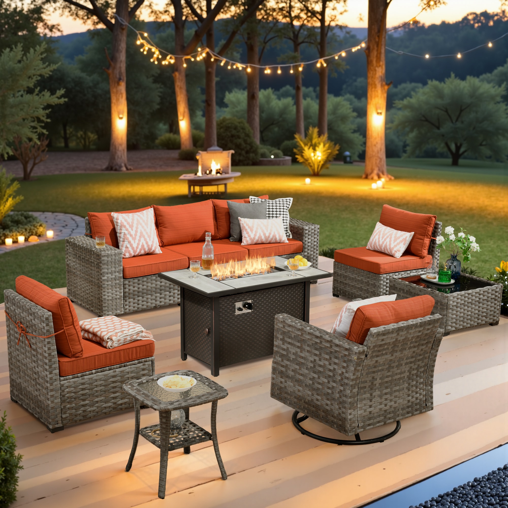 Ovios RFPKFS800Y1 9-Piece Wicker Patio Conversation Set with Orange Cushions