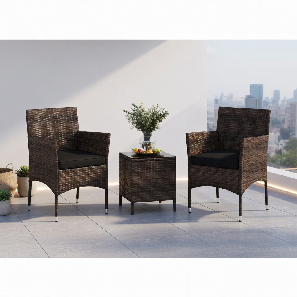Choco Moon - 3 Piece Outdoor PE Rattan Patio Conversation Set Cushioned Armchairs Tempered Glass ...