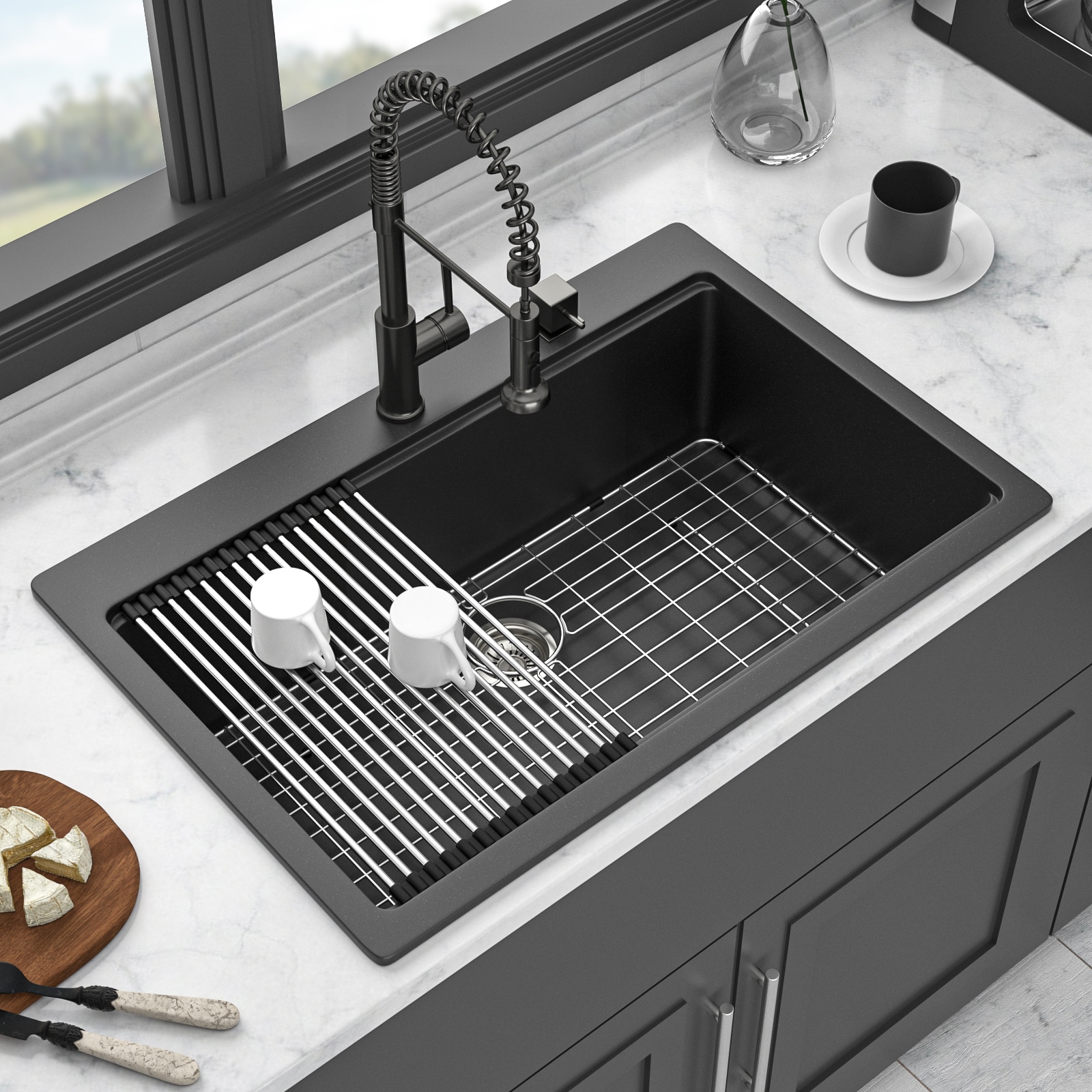 33x22x9.65 Inch Black Quartz Workstation Sink Drop In Single Bowl