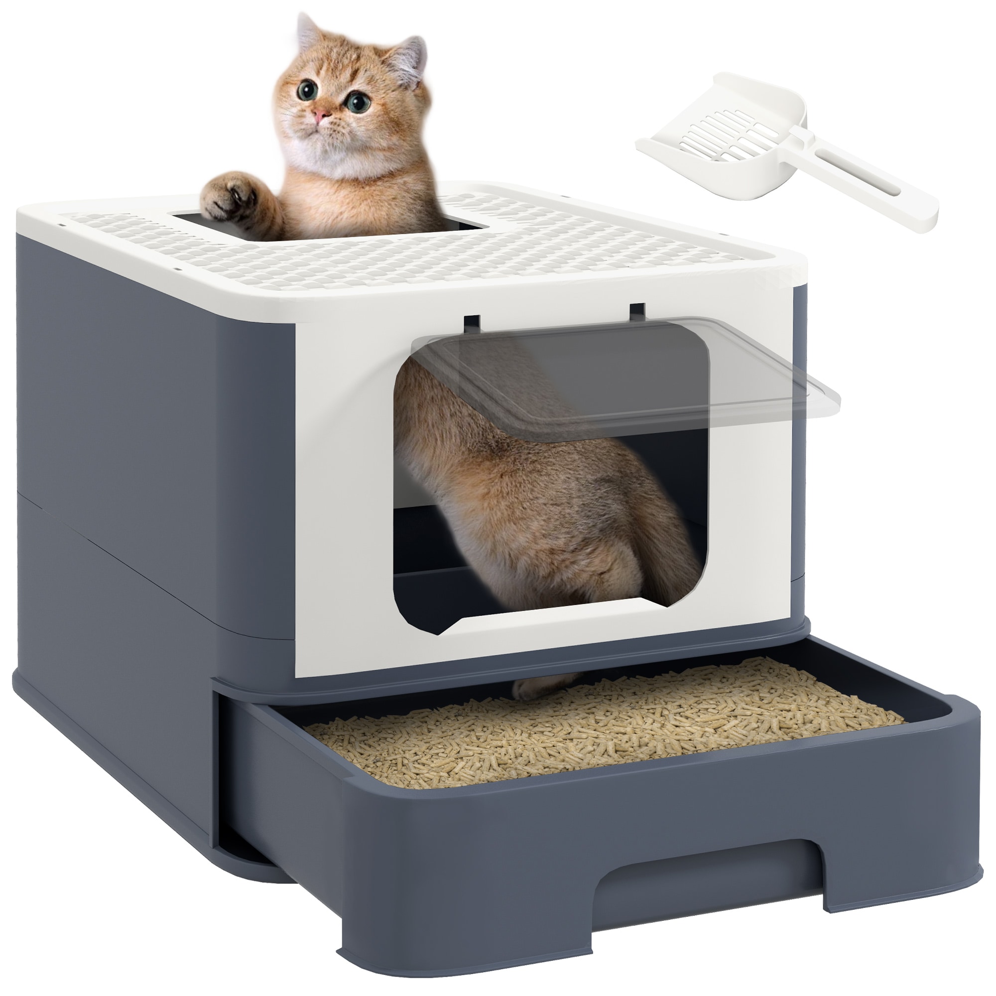  Large Cat Litter Box Lid Front Entry Top Exit White​