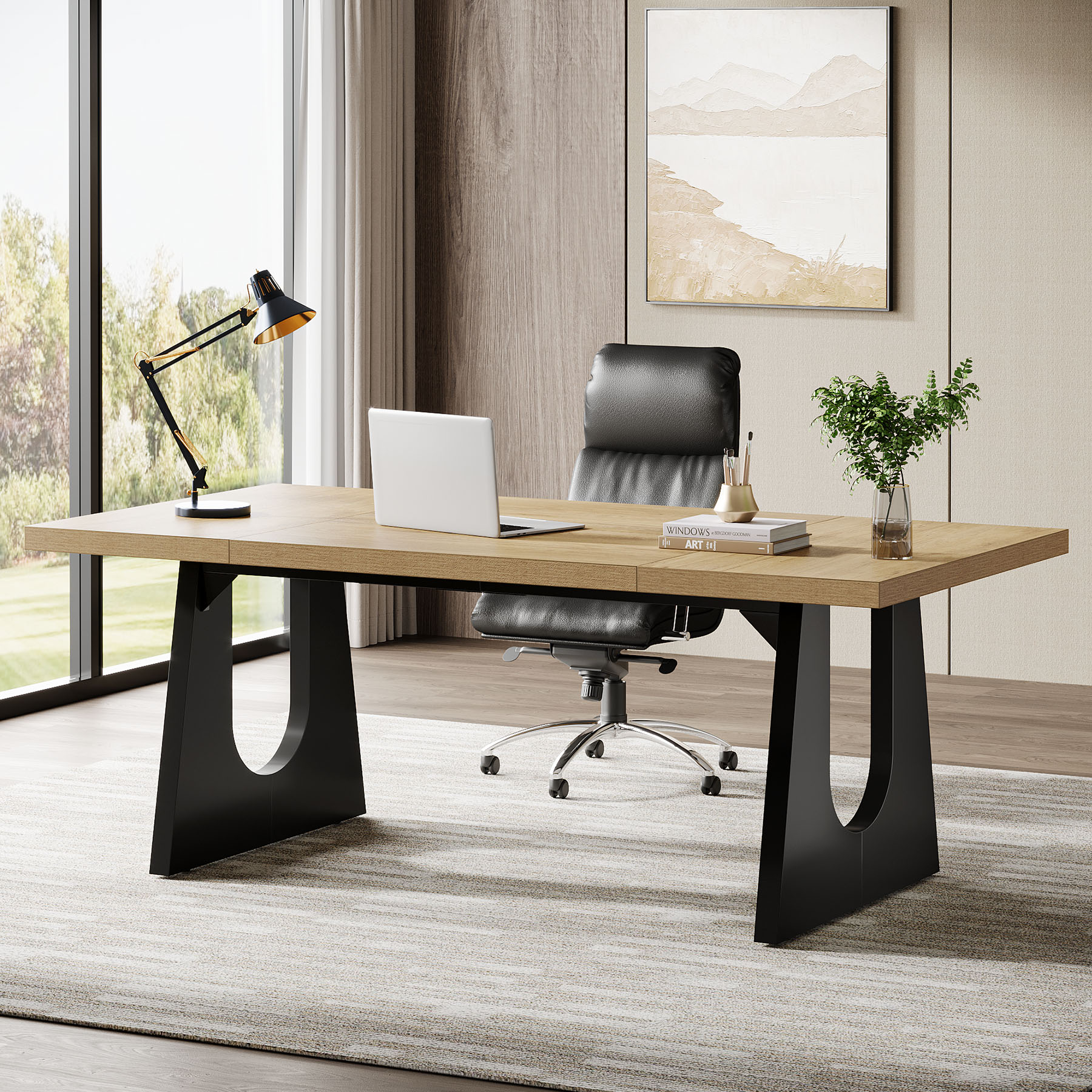 Fnova LWTJ-NY259 Light Brown and Black Farmhouse Dining Table, MDF with Wood finish Wood 70.86-in L x 29.52-in H