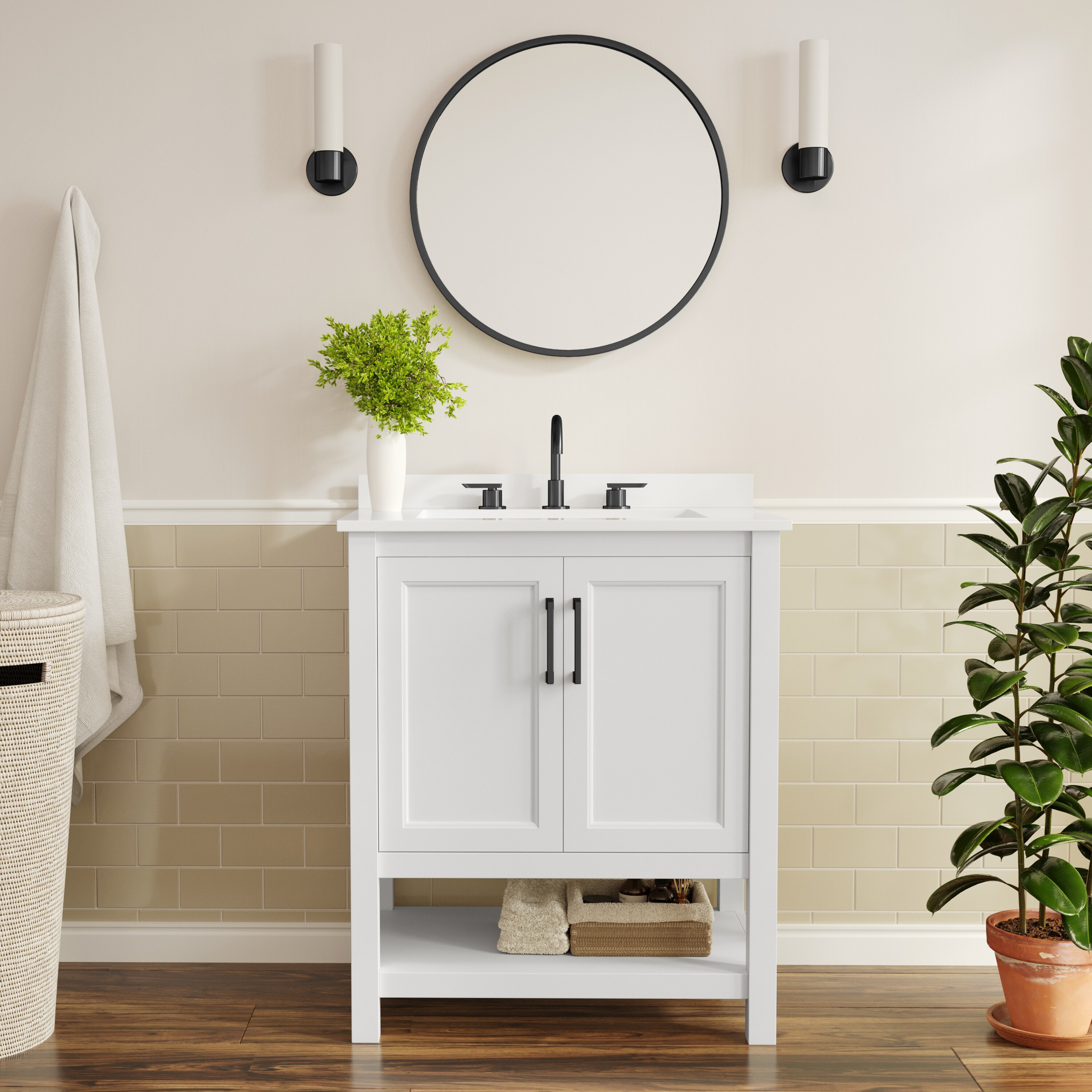Flash Furniture 196861192838 Vega 30-in Bathroom Vanity with Sink; Storage Cabinet with Soft Close Doors and Open Shelf; Carrara Marble Finish Counter and Black Hardware; White/White