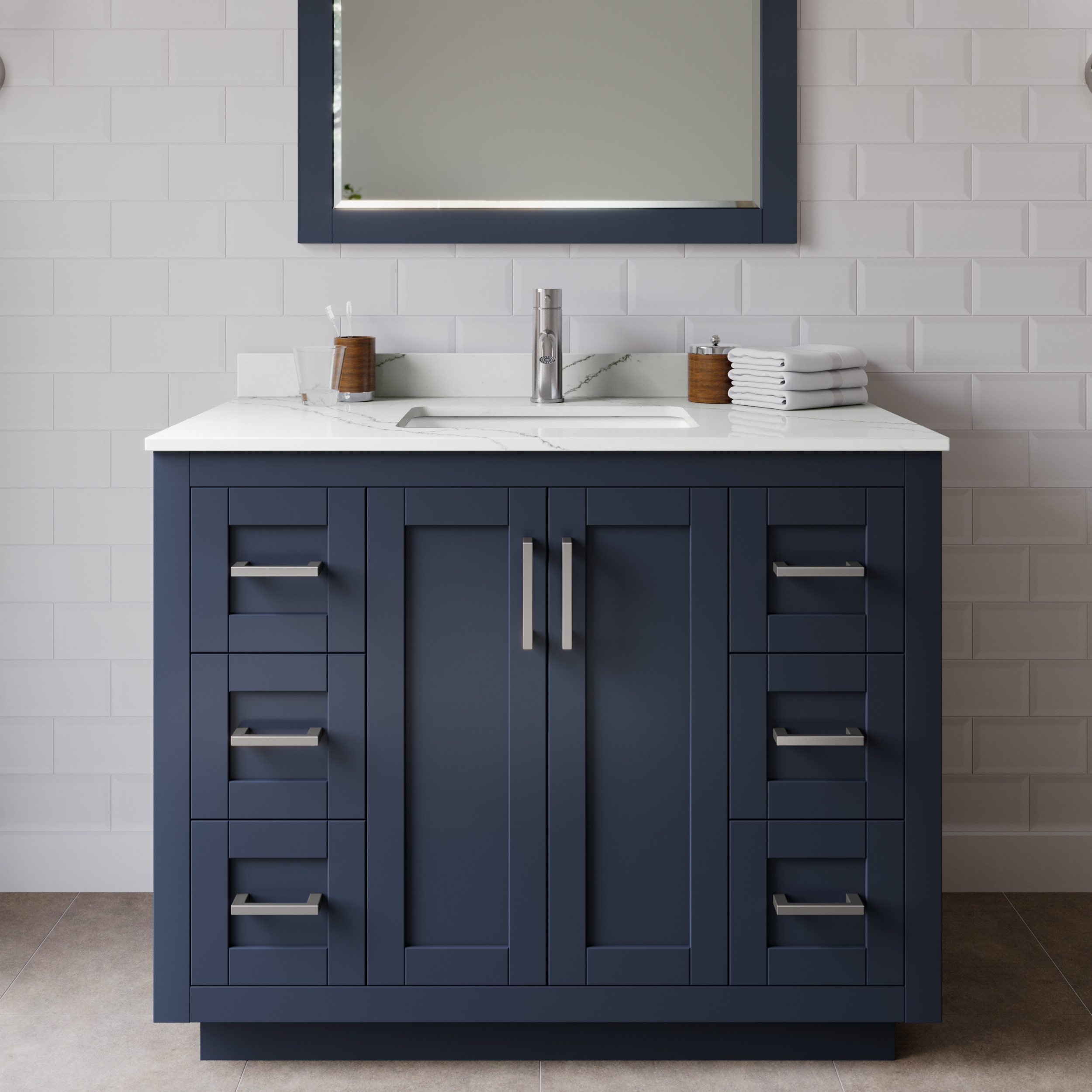 Wyndham Collection WCF292942SBNGTUNSMXX Miranda 42-in Dark Blue Undermount Single Sink Bathroom Vanity with Giotto Quartz Top