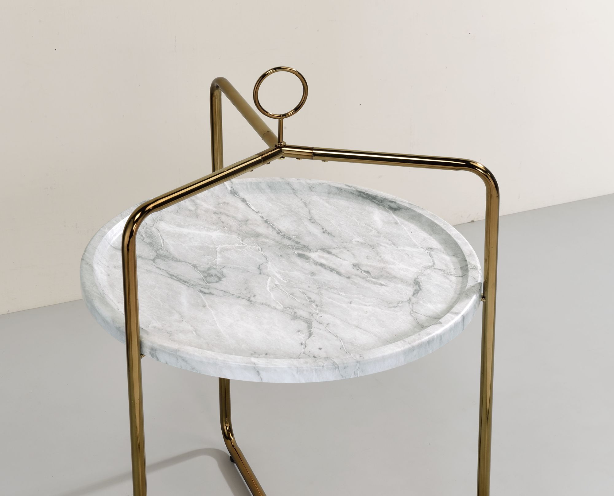 White Faux Marble and Gold Metal Round Side Table