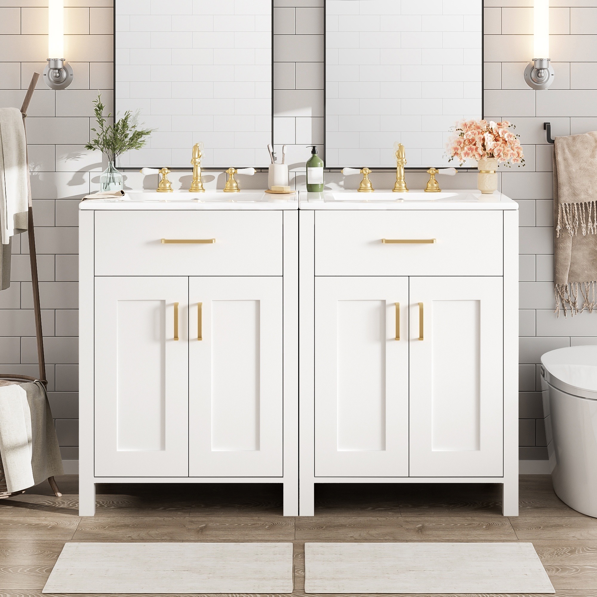 IAK 48 inch White Solid Wood and MDF Bathroom Vanity with Dual Ceramic Sinks and Soft Close Doors