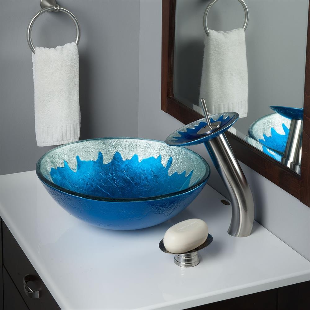 Novatto Diaccio Blue/Silver Tempered Glass Vessel Round Modern Bathroom ...