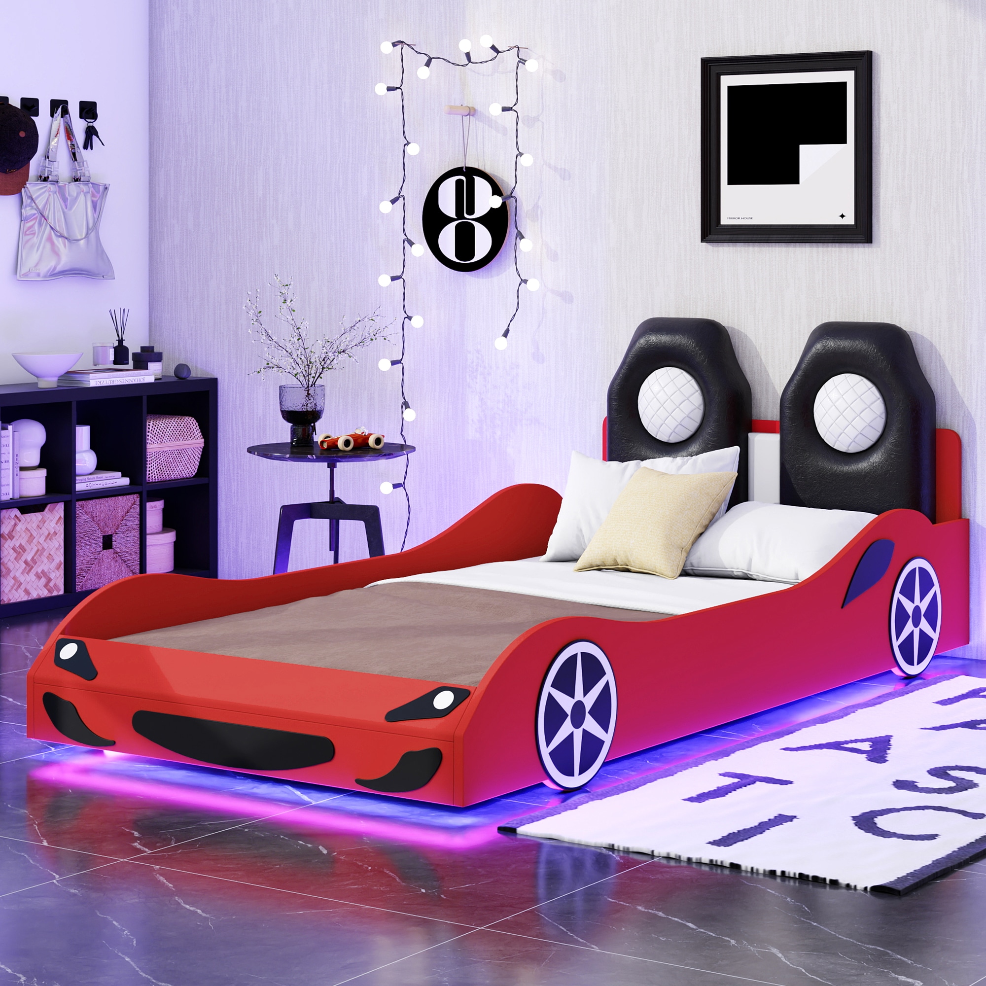 ModernLuxe GX002218AAR Wood Twin Size Race CarShaped Platform Bed with LED and Upholstered Backrest Red