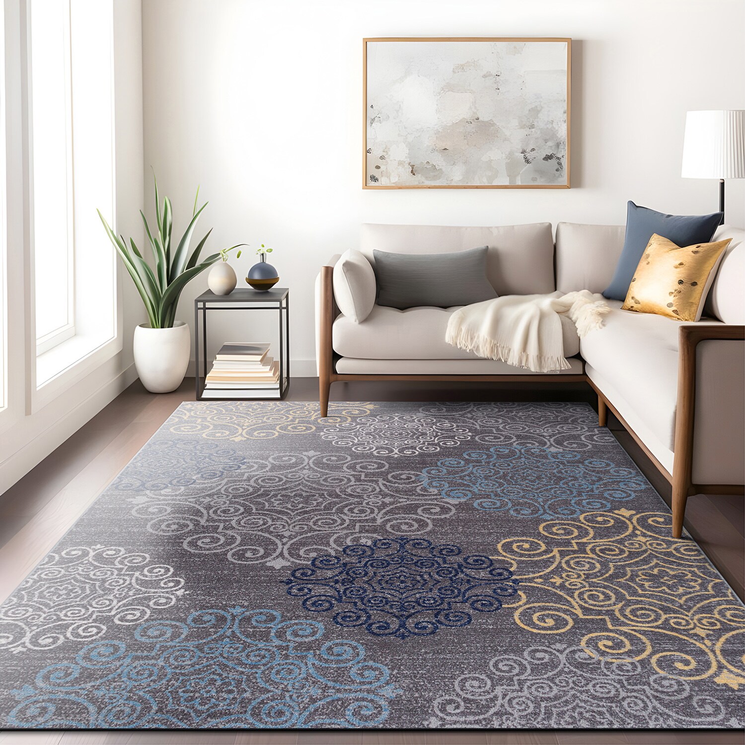 Gray and Blue Tufted Synthetic Rectangular Area Rug