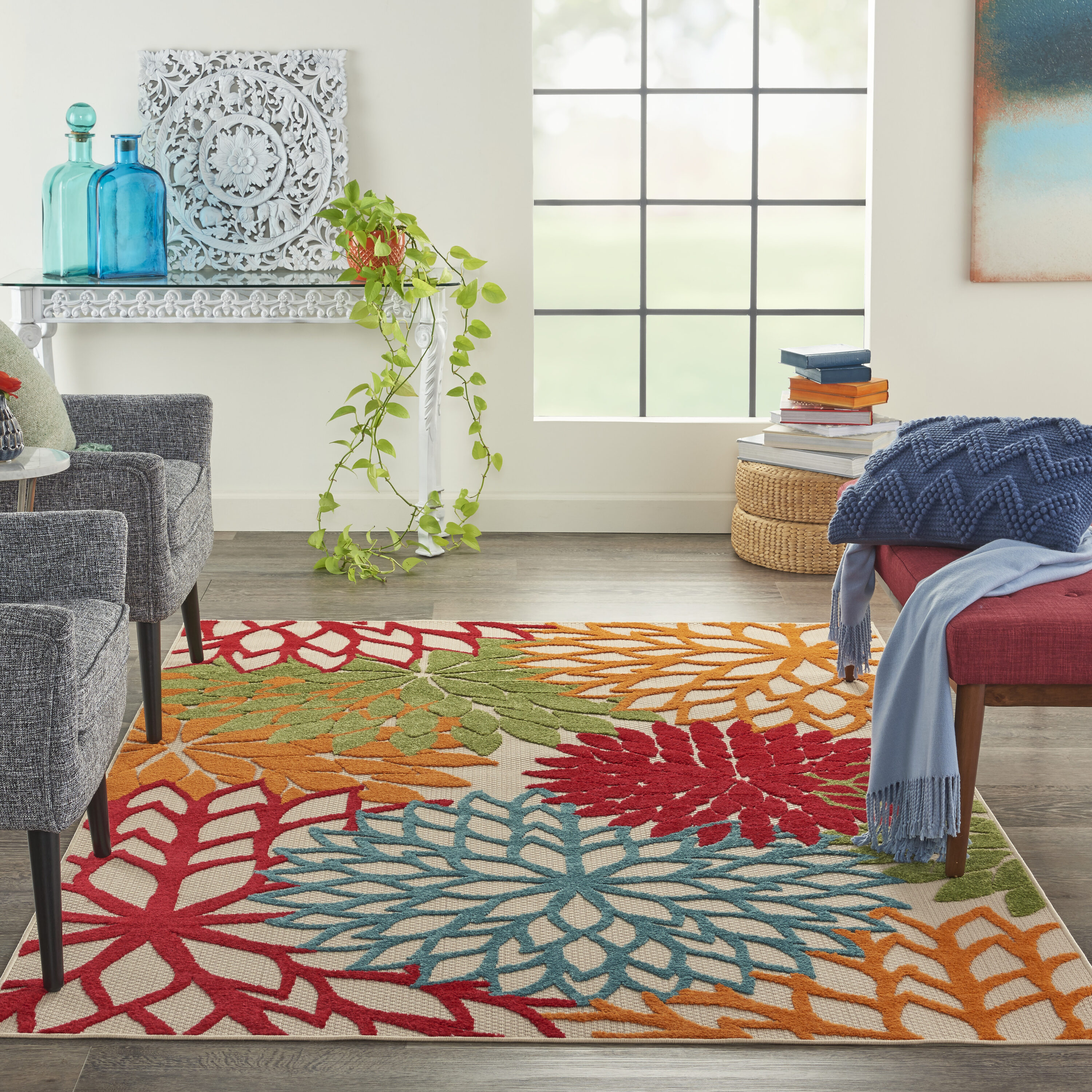 Nourison 24267 Aloha 3 x 5 (ft) Polypropylene Multi Rectangular Indoor/Outdoor Abstract Tropical Area rug